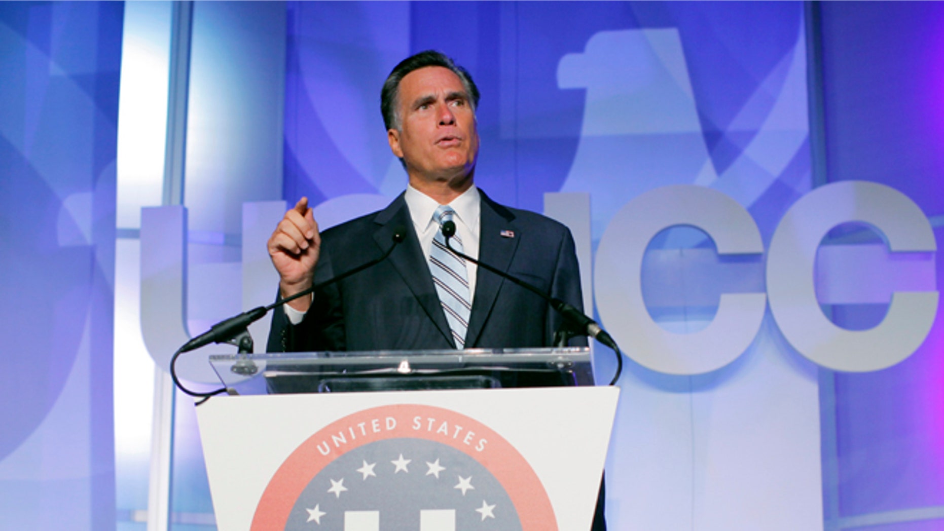 Republican presidential candidate and former Massachusetts Gov. Mitt Romney addresses the U.S. Hispanic Chamber of Commerce in Los Angeles, Monday, Sept. 17, 2012. (AP Photo/Charles Dharapak)