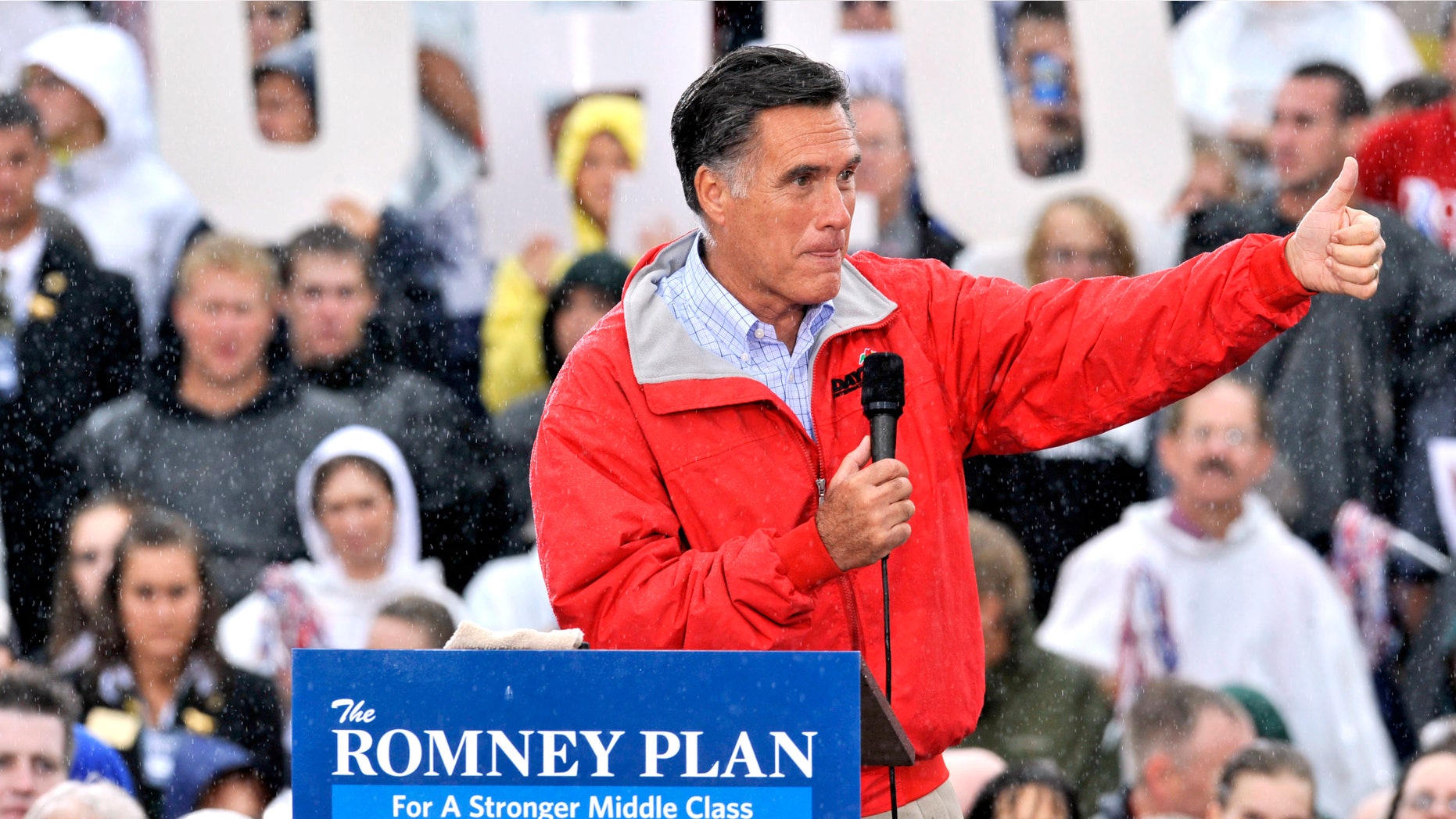 Sept. 14, 2012: Mitt Romney campaigns in the rain at Lake Erie College in Painesville, Ohio.