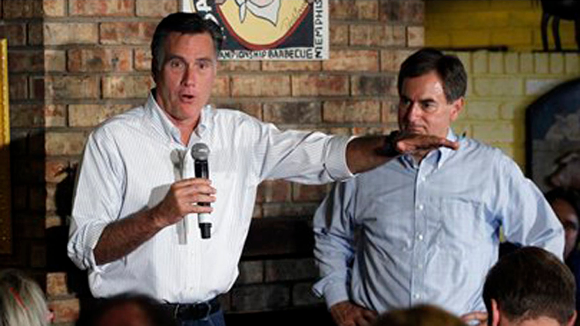 Aug. 4, 2012: Mitt Romney campaigns with Richard Mourdock who is running for Senate at Stepto's BBQ Shack in Evansville, Ind.