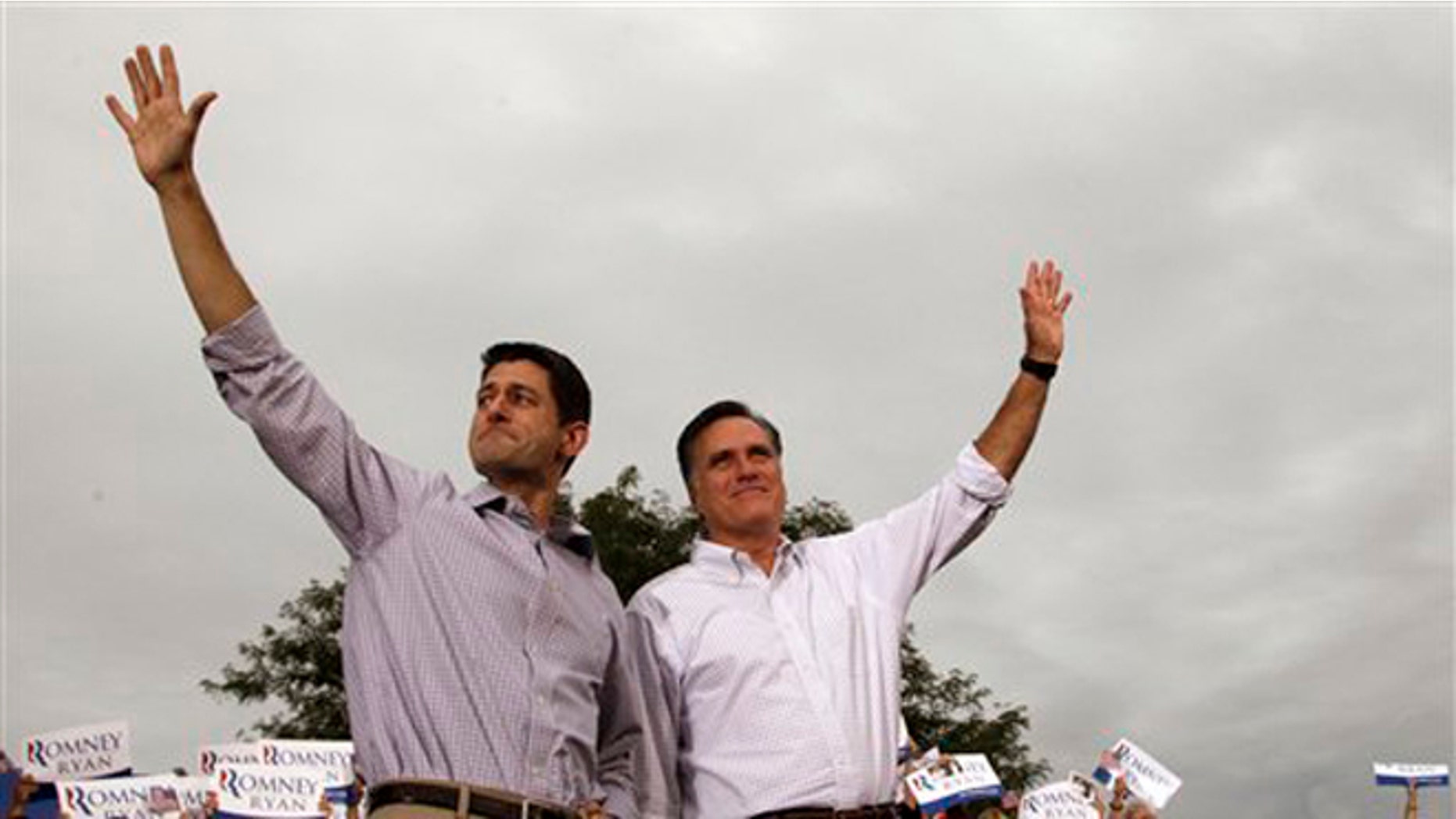 Aug. 12, 2012: Mitt Romney, right, and vice presidential running mate Rep. Paul Ryan of Wisconsin, at the Waukesha County Expo Center ,in Waukesha, Wis.