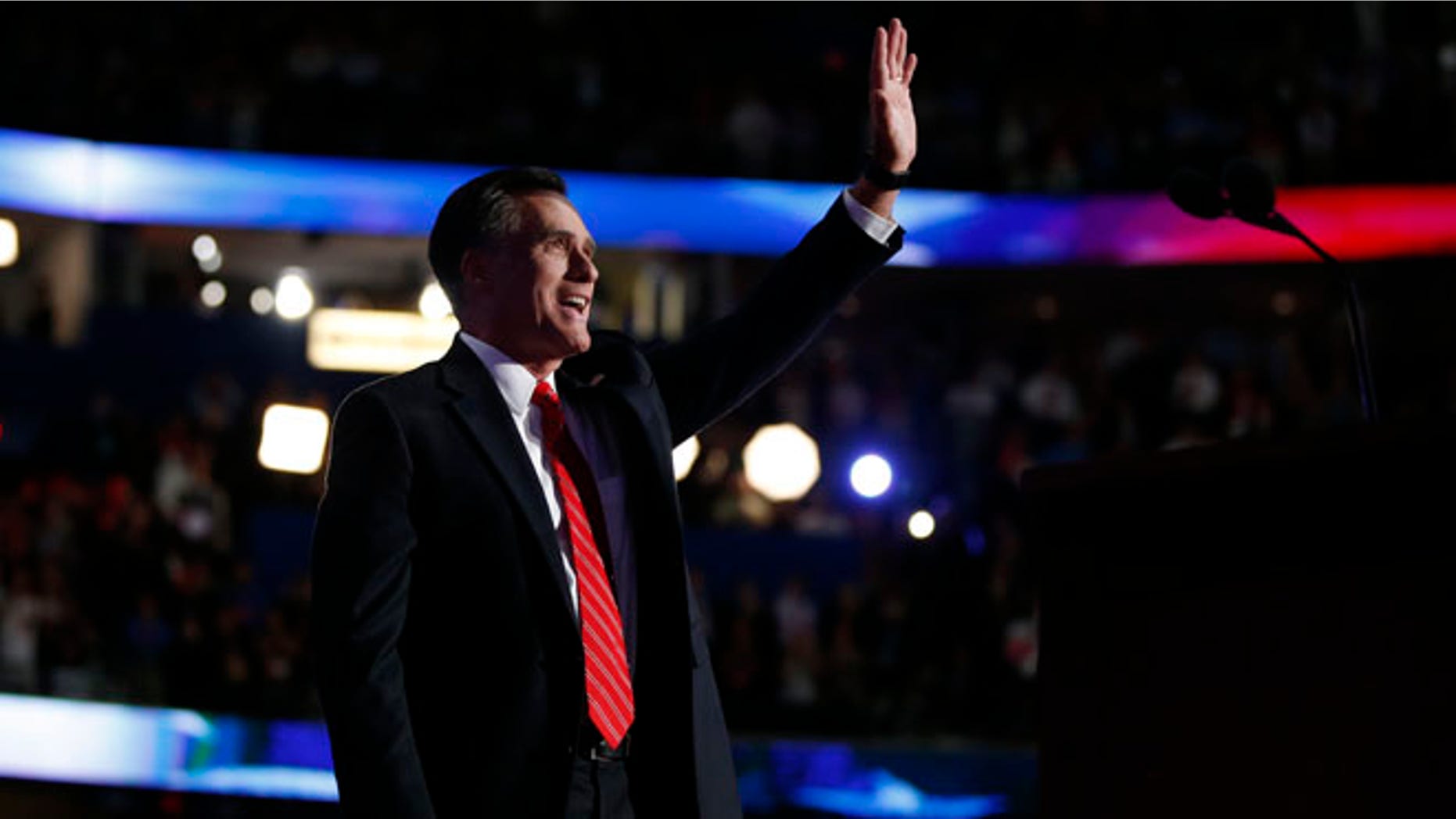 Aug. 30, 2012: Republican presidential nominee Mitt Romney acknowledges delegates before speaking at the Republican National Convention in Tampa, Fla.