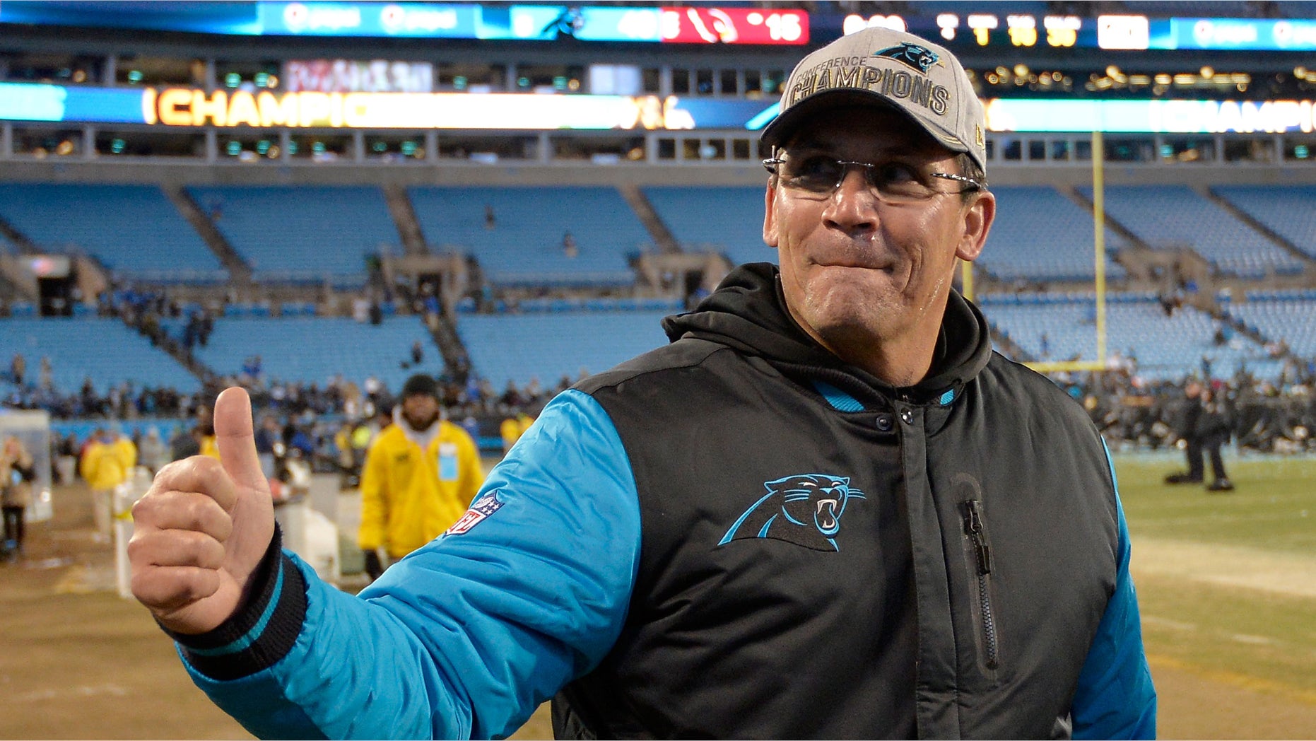 CHARLOTTE, NC - JANUARY 24: Head coach Ron Rivera of the Carolina Panthers celebrates defeating the Arizona Cardinals with a score of 49 to 15 to win the NFC Championship Game at Bank of America Stadium on January 24, 2016 in Charlotte, North Carolina. (Photo by Grant Halverson/Getty Images)