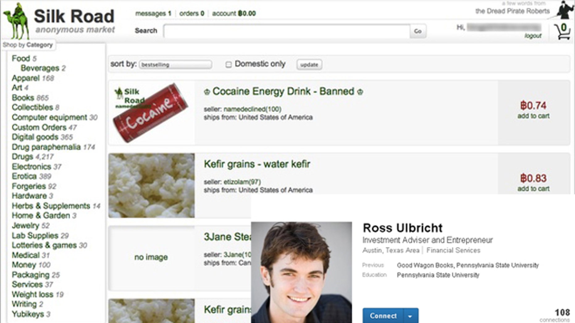 Ross Ulbricht's Linkedin profile (screenshot) over the Silk Road website (screenshot).