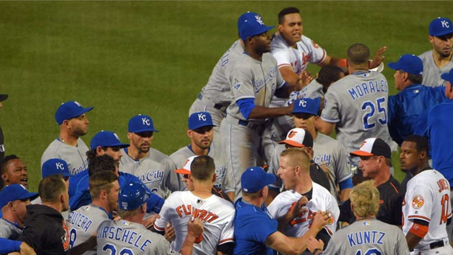 A fight breaks out between the Baltimore Orioles and Kansas City Royals after starting pitcher Yordano Ventura drilled Orioles batter Manny Machado during the fifth inning of a baseball game, Tuesday, June 7, 2016 at Camden Yards in Baltimore. (Karl Merton Ferron/The Baltimore Sun via AP) WASHINGTON EXAMINER OUT; MANDATORY CREDIT