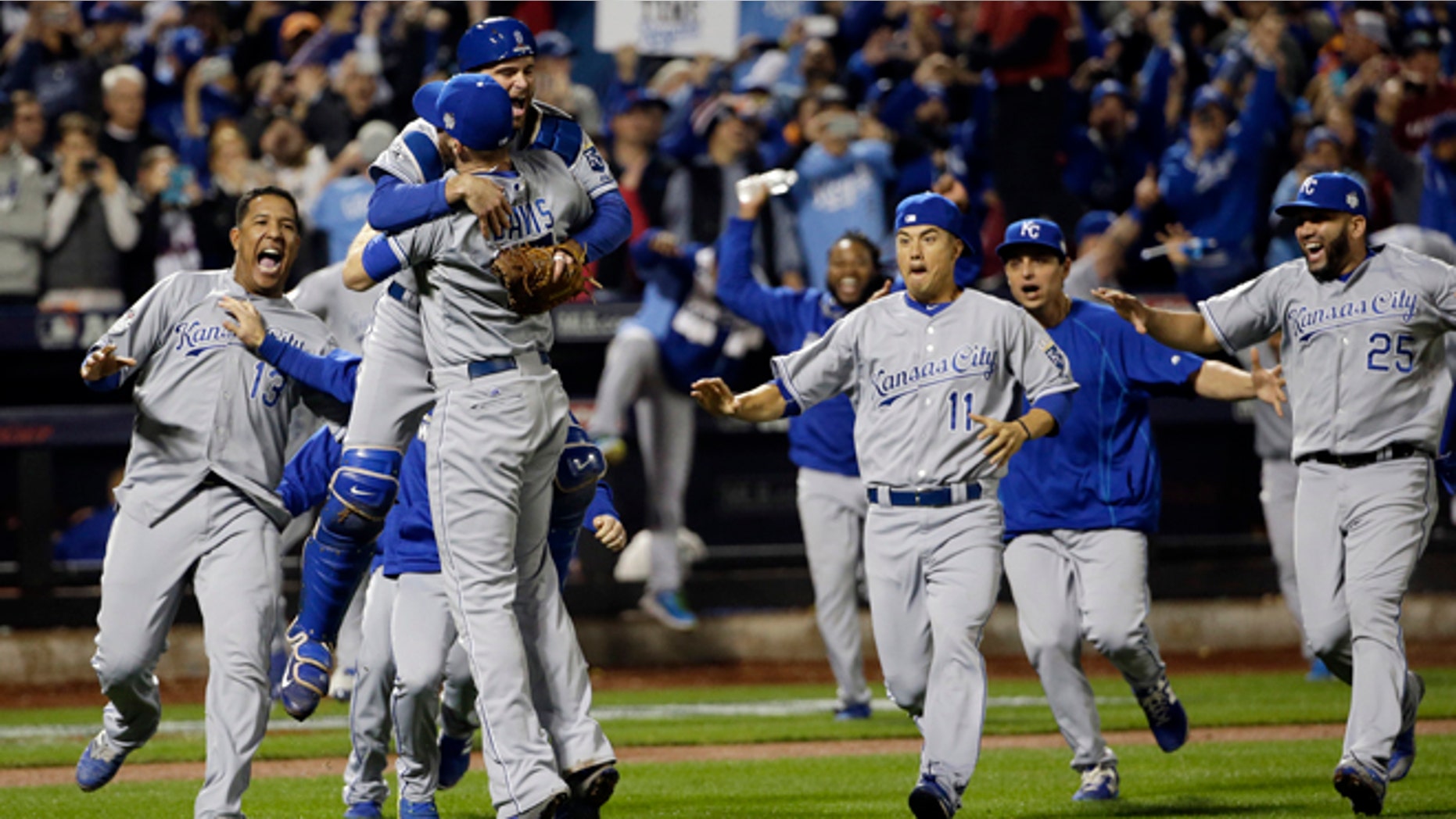 The Kansas City Royals celebrate after Game 5 of the Major League Baseball World Series against the New York Mets Monday, Nov. 2, 2015, in New York. The Royals won 7-2 to win the series. (AP Photo/David J. Phillip)
