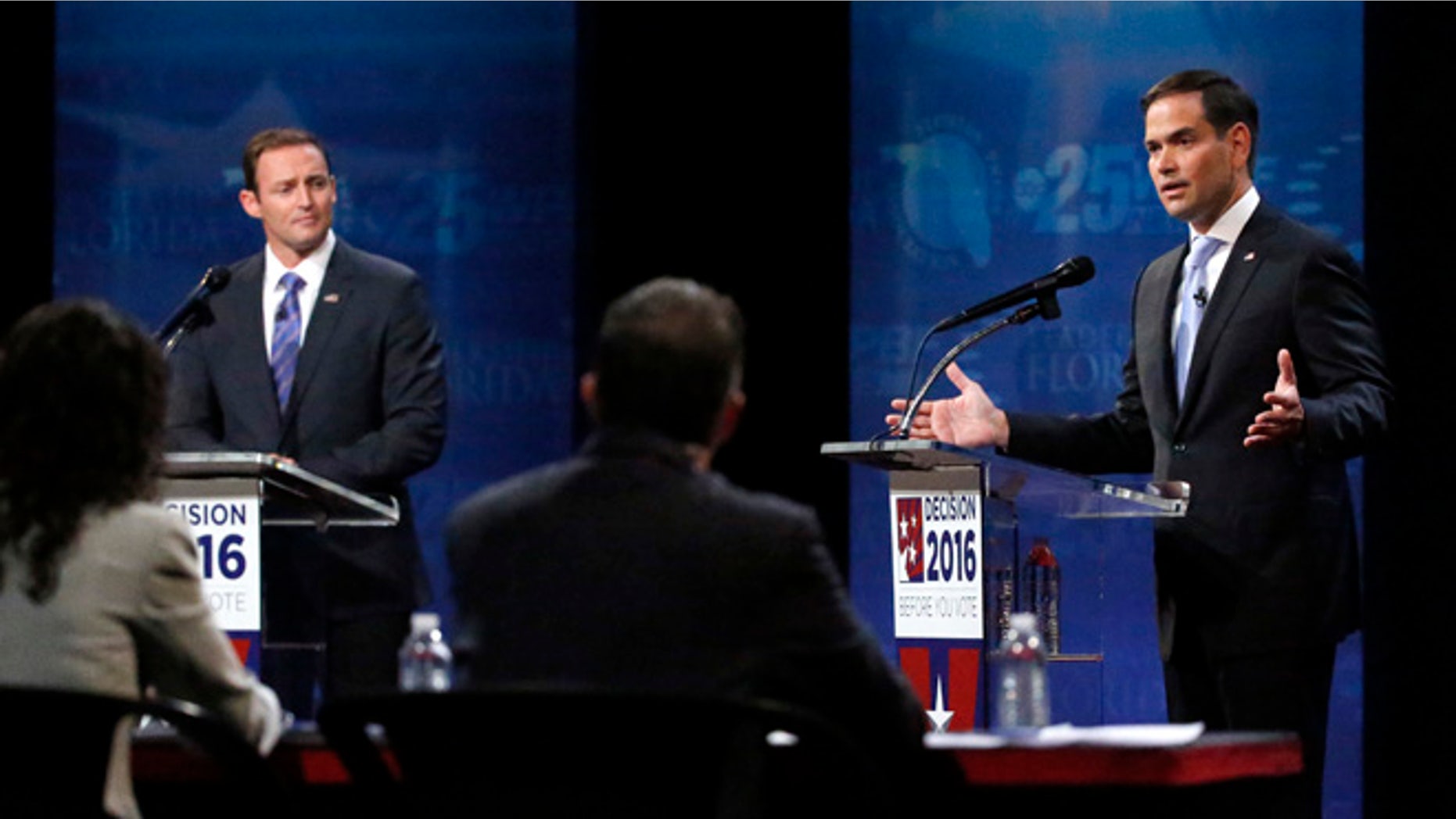 Sen. Marco Rubio and Rep. Patrick Murphy during a debate, Wednesday, Oct. 26, 2016, at Broward College in Davie, Fla.
