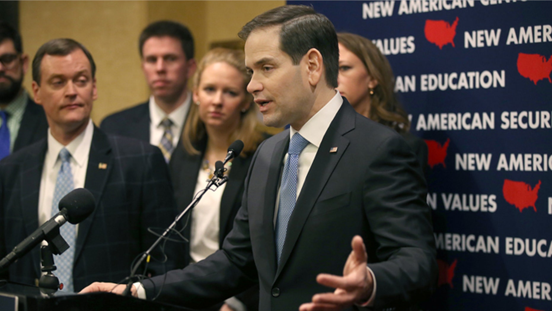 GOP presidential candidate Marco Rubio, who made a brief stop in Minneapolis for a fundraiser at the Minneapolis Club, announces a "Minnesota Leadership Team," during a press conference, Tuesday, Jan. 19, 2016,in Minneapolis. (Elizabeth Flores/Star Tribune via AP)