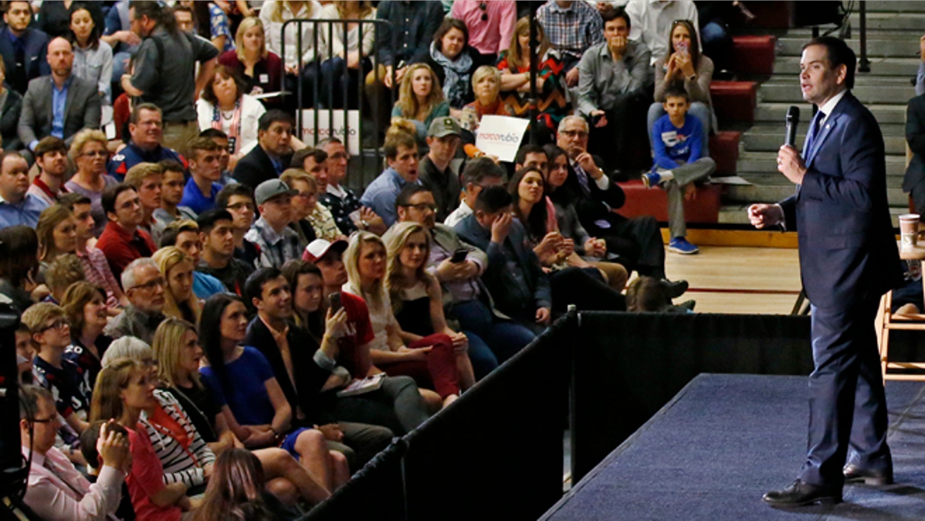 Republican presidential candidate Sen. Marco Rubio, R-Fla., speaks to a campaign rally in Oklahoma City, Monday, Feb. 29, 2016. (AP Photo/Sue Ogrocki)