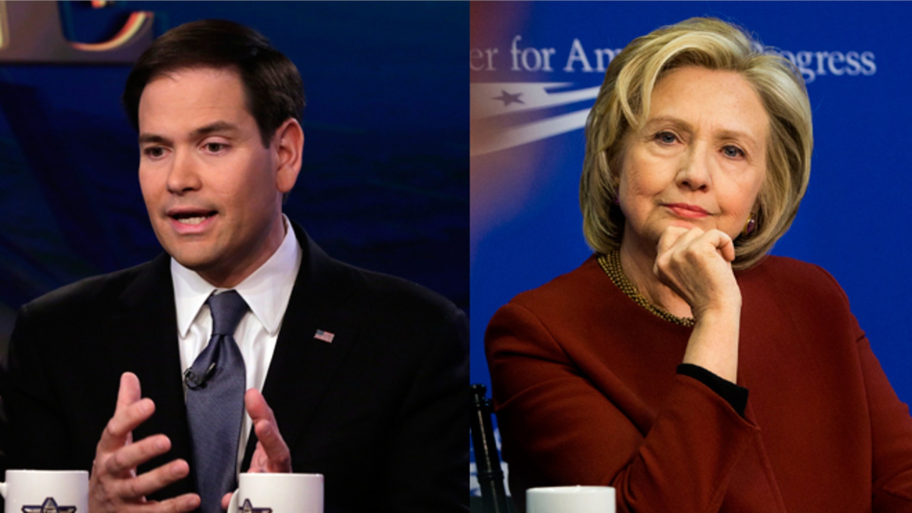 Left: U.S. Sen. Marco Rubio, R-Fla, appears on "The Five" television program, on the Fox News Channel, in New York, Monday, March 30, 2015. (AP Photo/Richard Drew) Right: Former Secretary of State Hillary Rodham Clinton listens during an event hosted by the Center for American Progress (CAP) and the America Federation of State, County and Municipal Employees (AFSCME), in Washington on March 23, 2015. A final nuclear deal with Iran would enable Clinton to claim a piece of the victory. But if negotiations fall apart or produce an agreement that lets Iran pursue a bomb, Clinton would own a piece of the failure. (AP Photo/Pablo Martinez Monsivais)