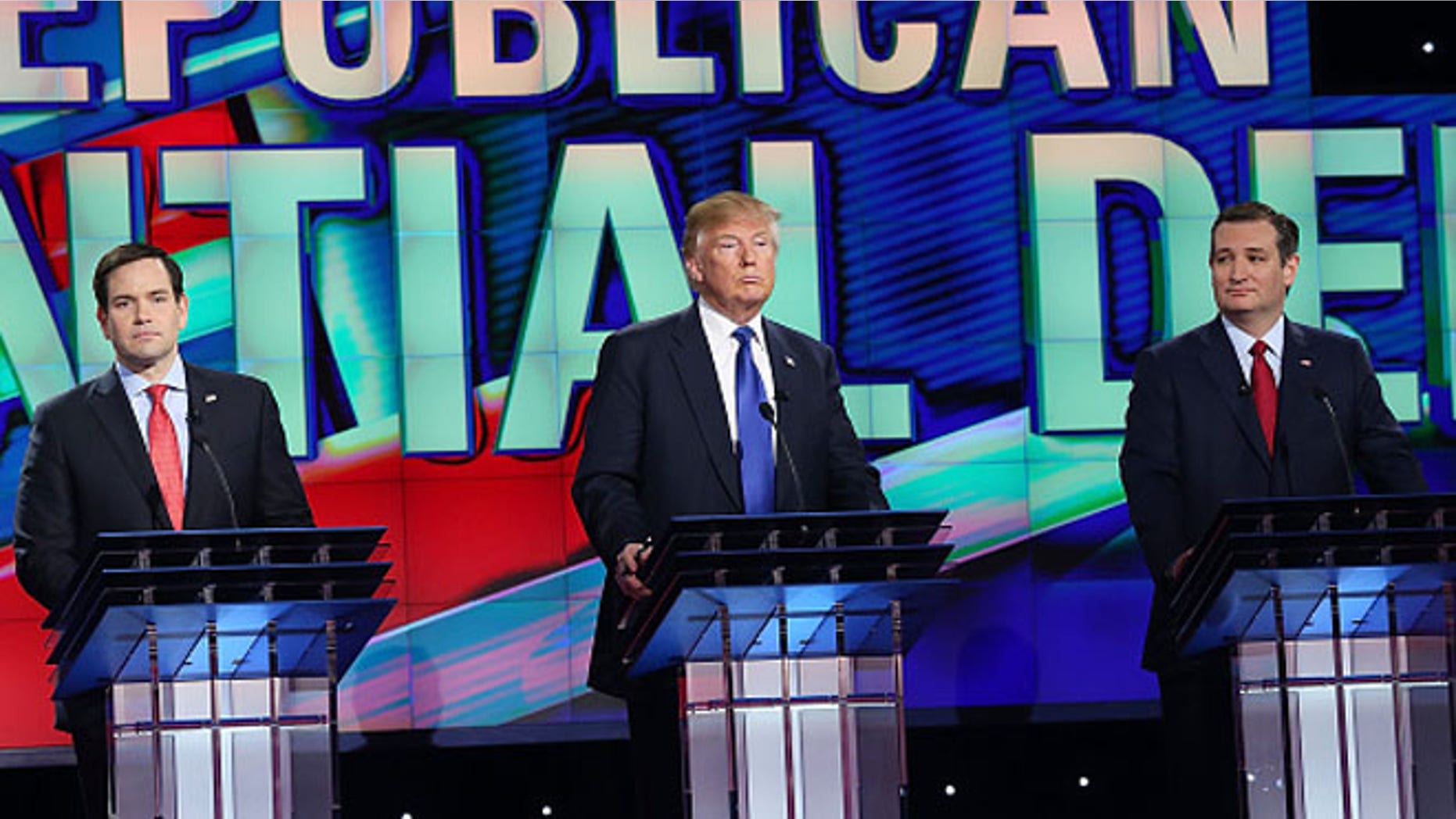 HOUSTON, TX - FEBRUARY 25: Republican presidential candidates Florida Sen. Marco Rubio (R-FL), Donald Trump, and Texas Sen. Ted Cruz (R-TX) stand on stage for the Republican National Committee Presidential Primary Debate at the University of Houston's Moores School of Music Opera House on February 25, 2016 in Houston, Texas. The candidates are meeting for the last Republican debate before the Super Tuesday primaries on March 1. (Photo by Joe Raedle/Getty Images)