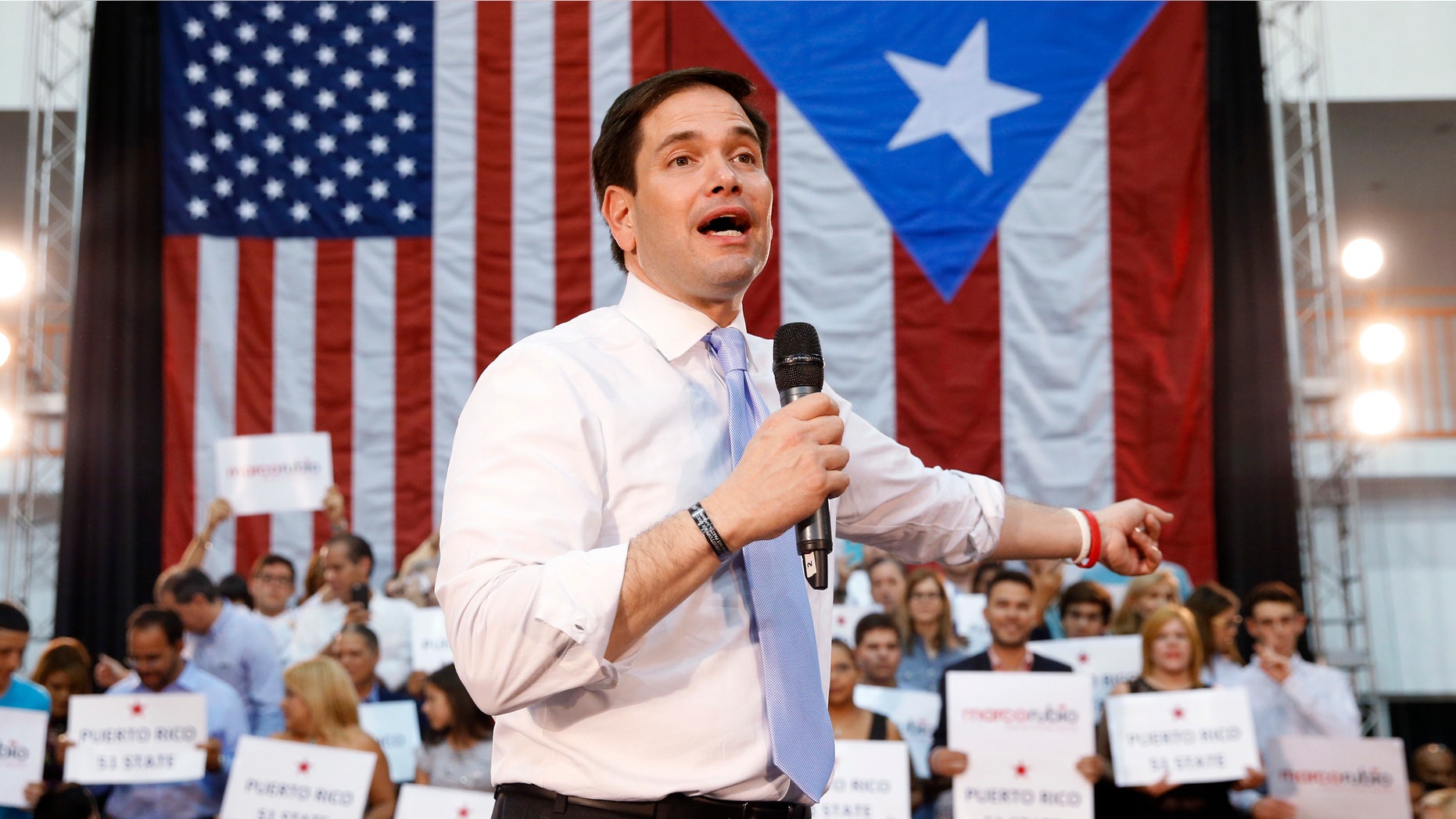 Republican presidential candidate, Sen. Marco Rubio, R-Fla., speaks in Toa Baja, Puerto Rico, Saturday, March 5, 2016. (AP Photo/Paul Sancya)