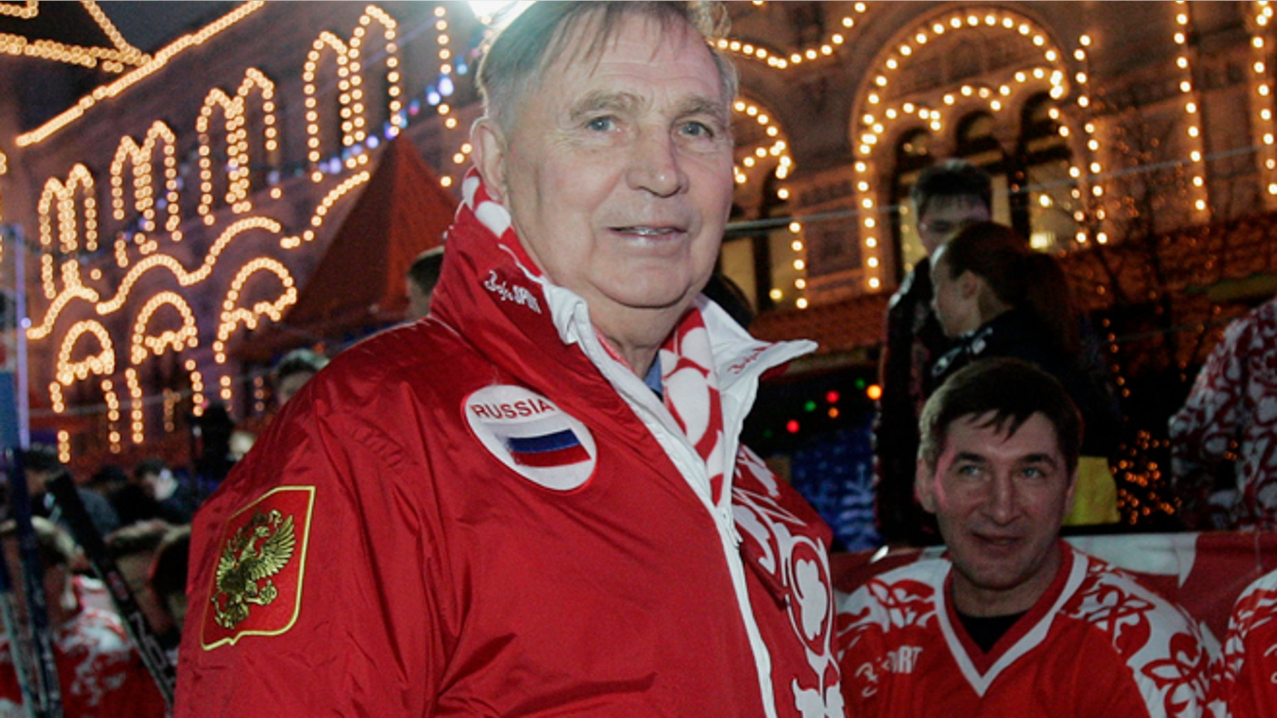 Dec. 9, 2006: In this file photo, Legendary Soviet ice hockey coach Viktor Tikhonov, centre, stands at the "Team USSR" bench prior to the charity ice hockey match, at the Moscow's Red Square. (AP)
