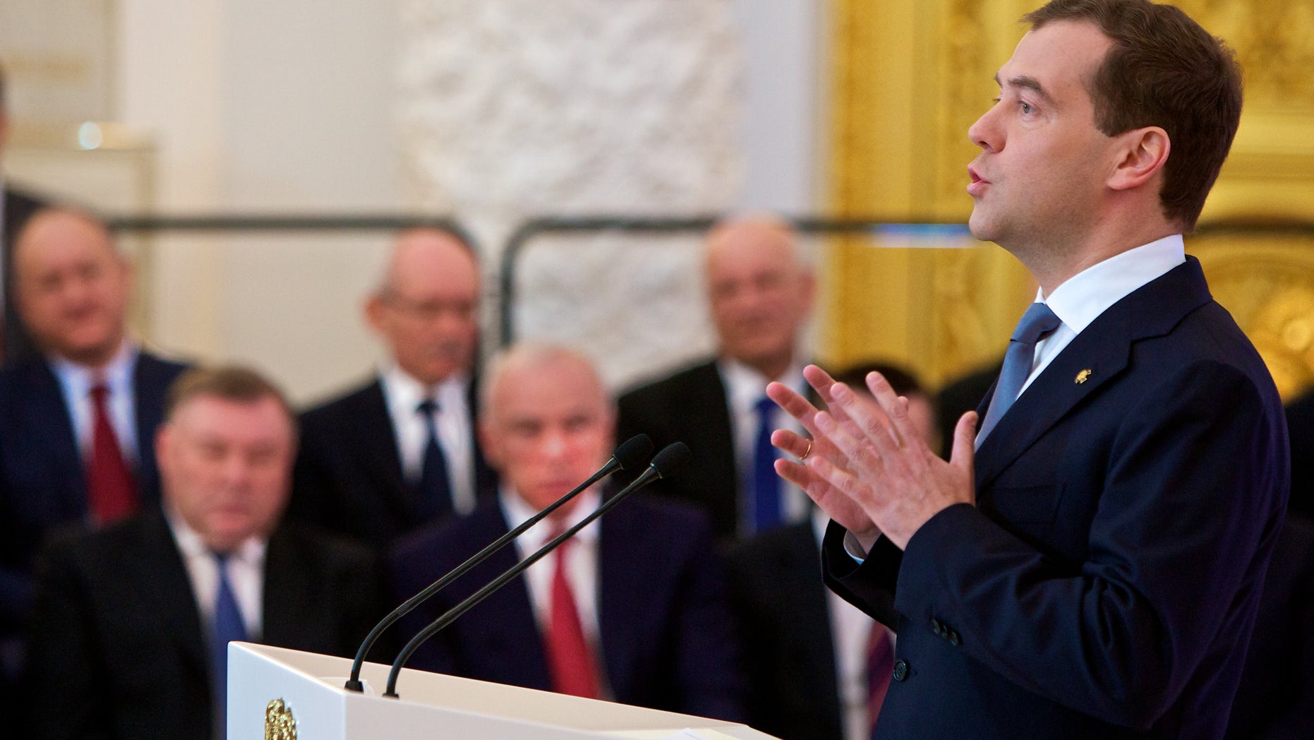 April 24, 2012: Russian President Dmitry Medvedev, right, addresses the State Council in the Kremlin in Moscow, Russia, Tuesday.