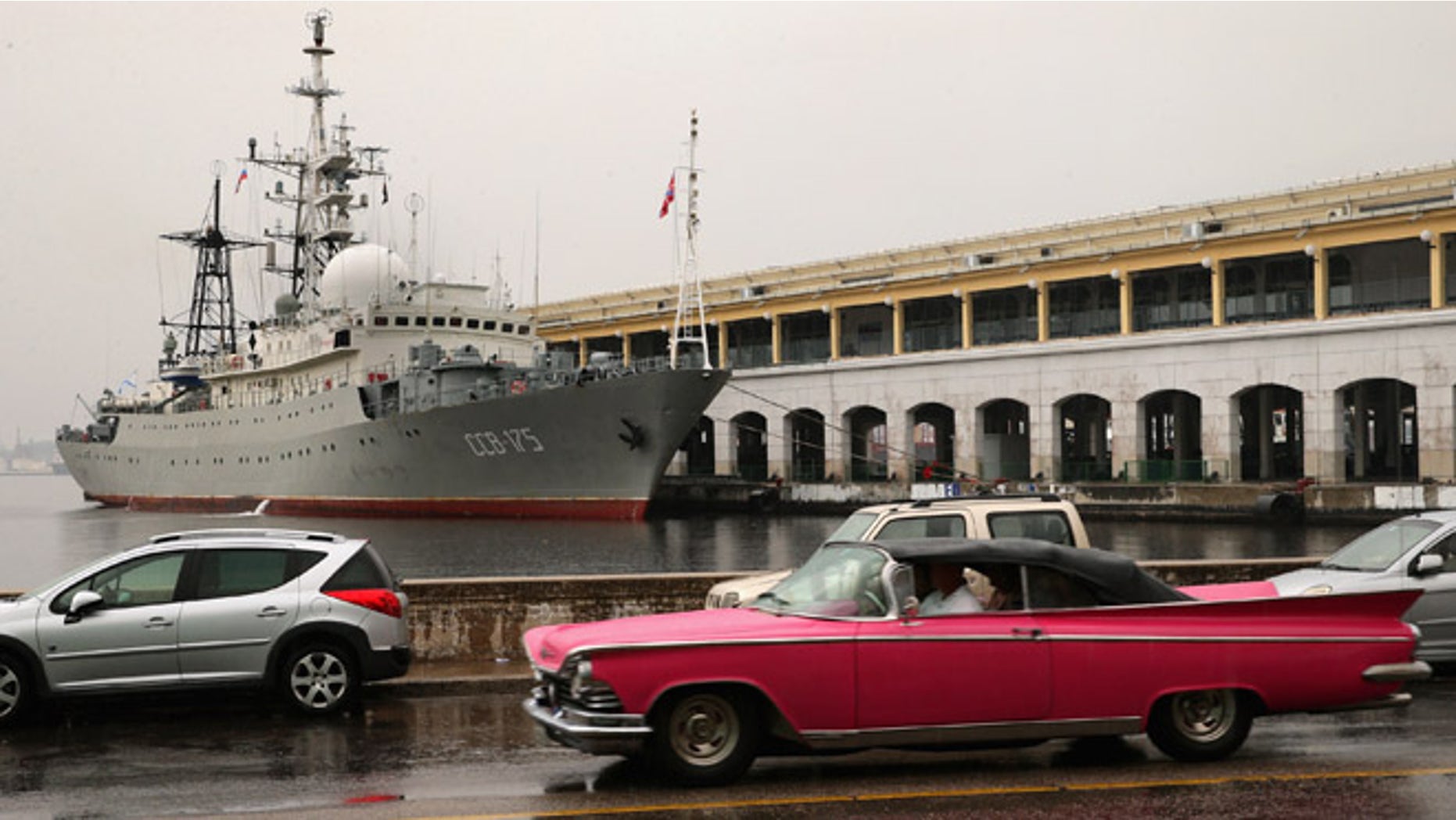 HAVANA, CUBA - JANUARY 20: The Viktor Leonov CCB-175, a Russian Navy intelligence warship, is docked to a pier in Old Havana January 20, 2015 in Havana, Cuba. The ship sailed into the Havana harbor early Tuesday morning on the eve of the start of historic talks between the United States and Cuba aimed at normalizing diplomatic relations. (Photo by Chip Somodevilla/Getty Images)