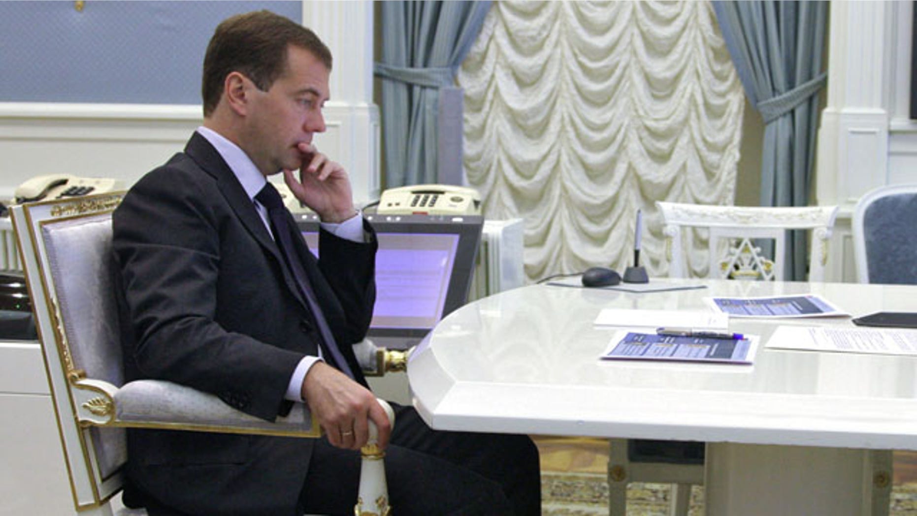 Sept. 9: Russian President Dmitry Medvedev takes part in a conference call in the Kremlin in Moscow.