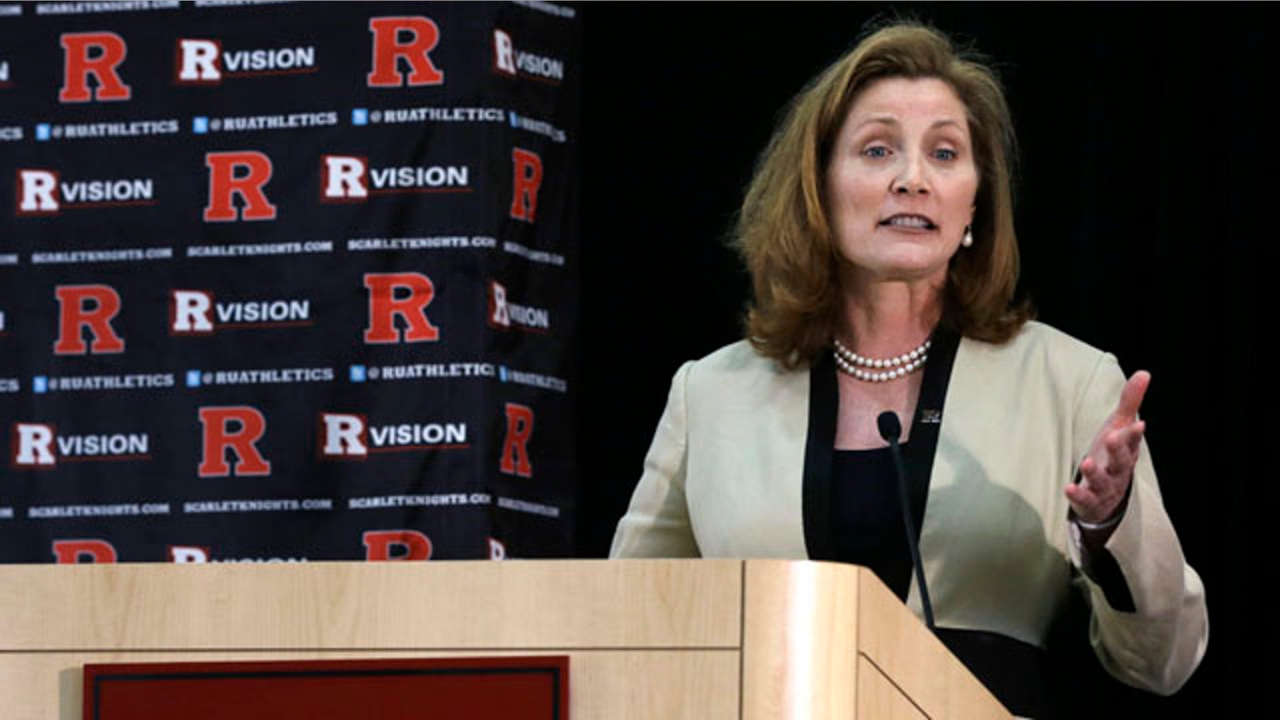 May 15, 2013: Julie Hermann answers a question in Piscataway, N.J., after she was introduced as Rutgers' new athletic director.