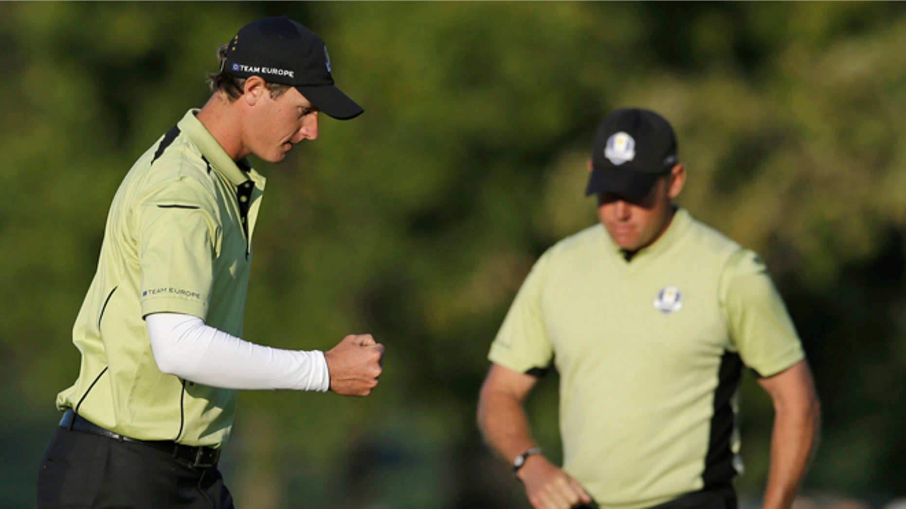 Europe's Nicolas Colsaerts reacts after making a birdie on the 15th hole during a four-ball match at the Ryder Cup PGA golf tournament Friday, Sept. 28, 2012, at the Medinah Country Club in Medinah, Ill. (AP Photo/Chris Carlson)
