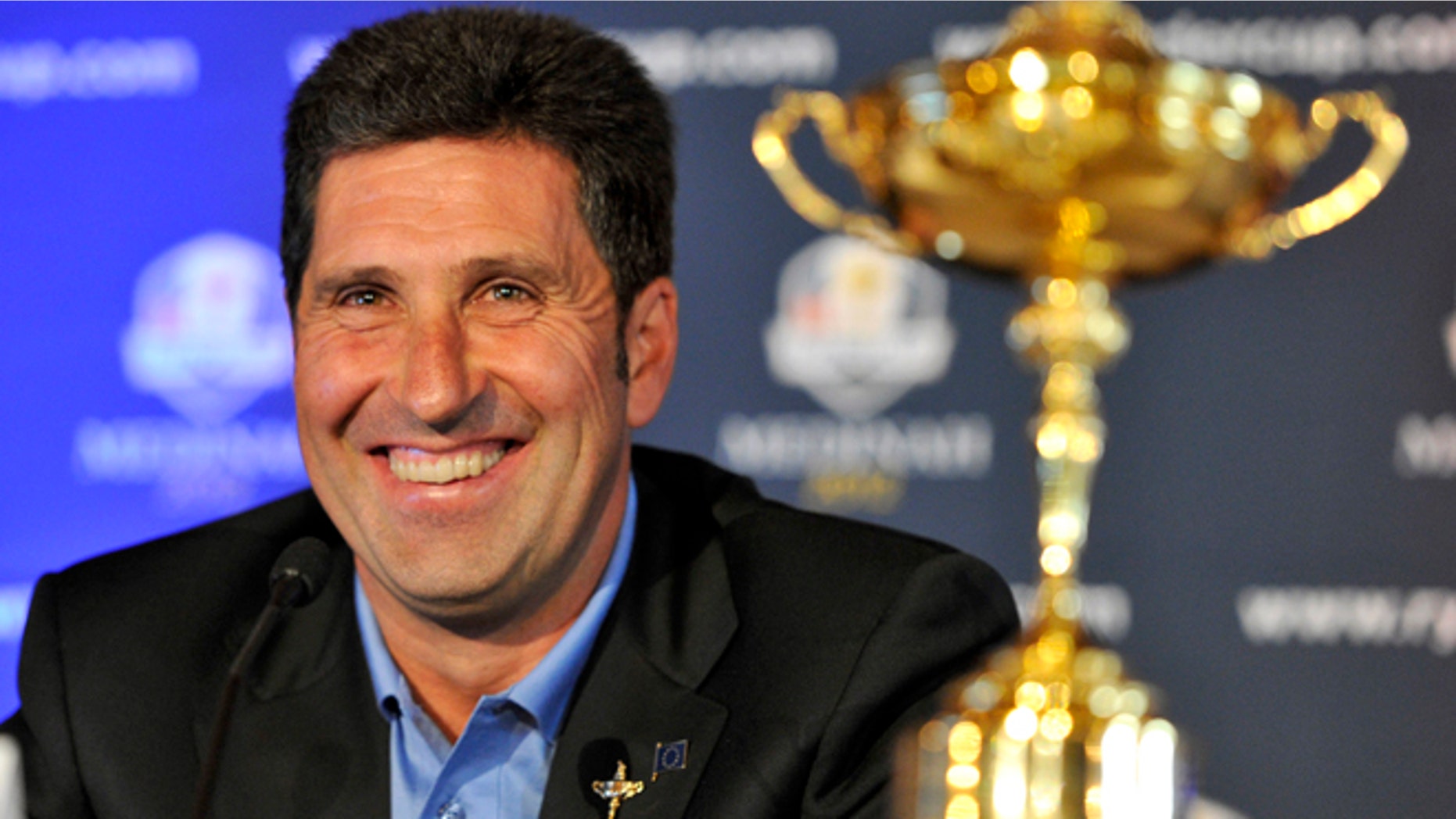 FILE - This Sept. 26, 2011 file photo shows 2012 European Ryder Cup Captain José MarÃa Olazábal laughing as he answers a question during a news conference at Medinah Country Club in Medinah, Ill. Hunter Mahan's absence from the United States Ryder Cup team surprised Olazabal. (AP Photo/Jim Prisching, File)