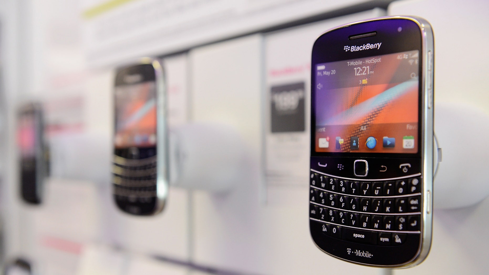 BEVERLY HILLS, CA - JUNE 28: A Blackberry Bold 9900 4G smartphone sits on display for sale at T-Mobile store on June 28, 2012 in Los Angeles, California. Blackberry maker Research In Motion Ltd., will report its quarterly earnings on Thursday. (Photo by Kevork Djansezian/Getty Images