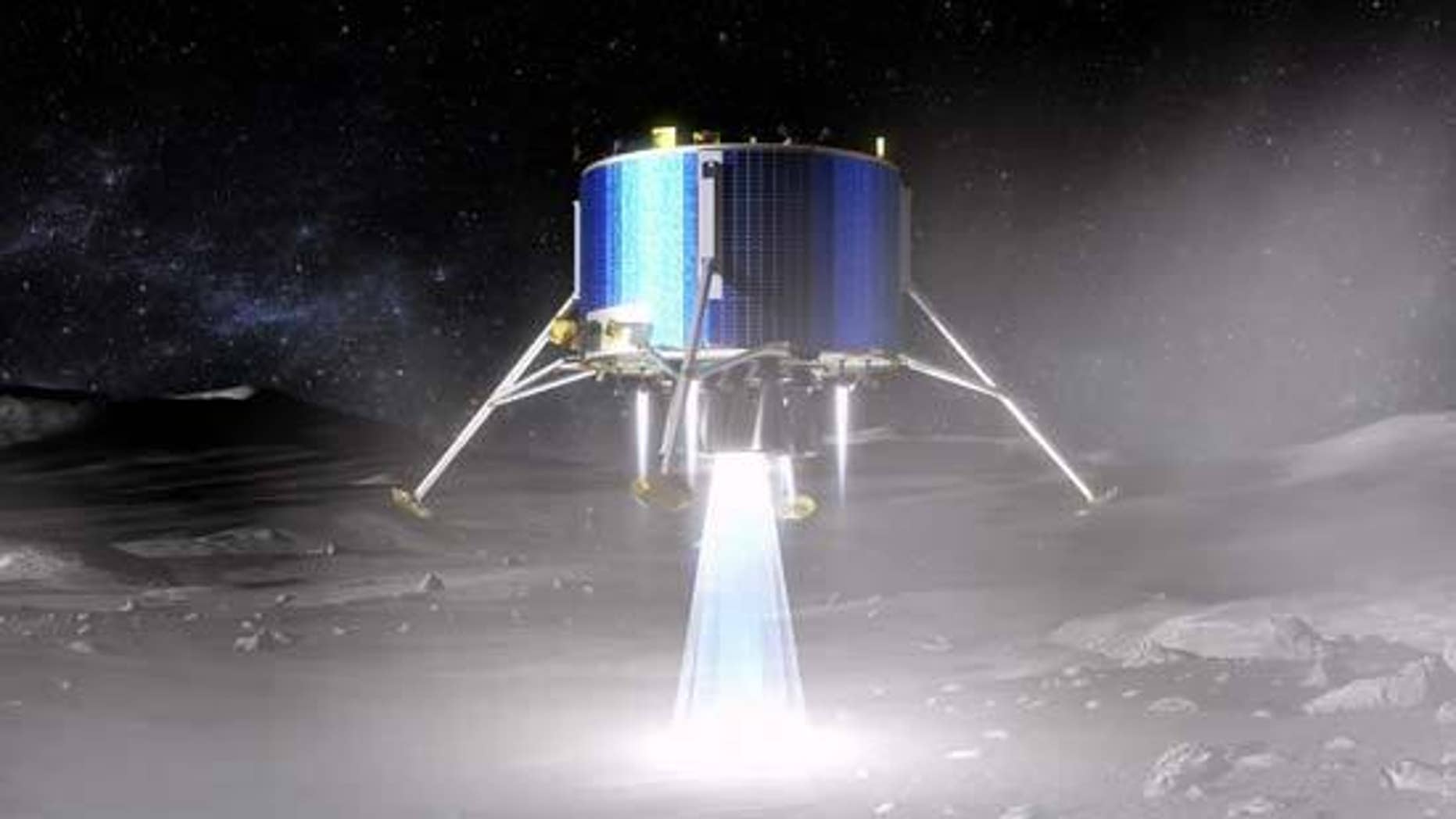 This artist's concept shows a proposed European Space Agency lunar lander touching down near the moon's south pole.