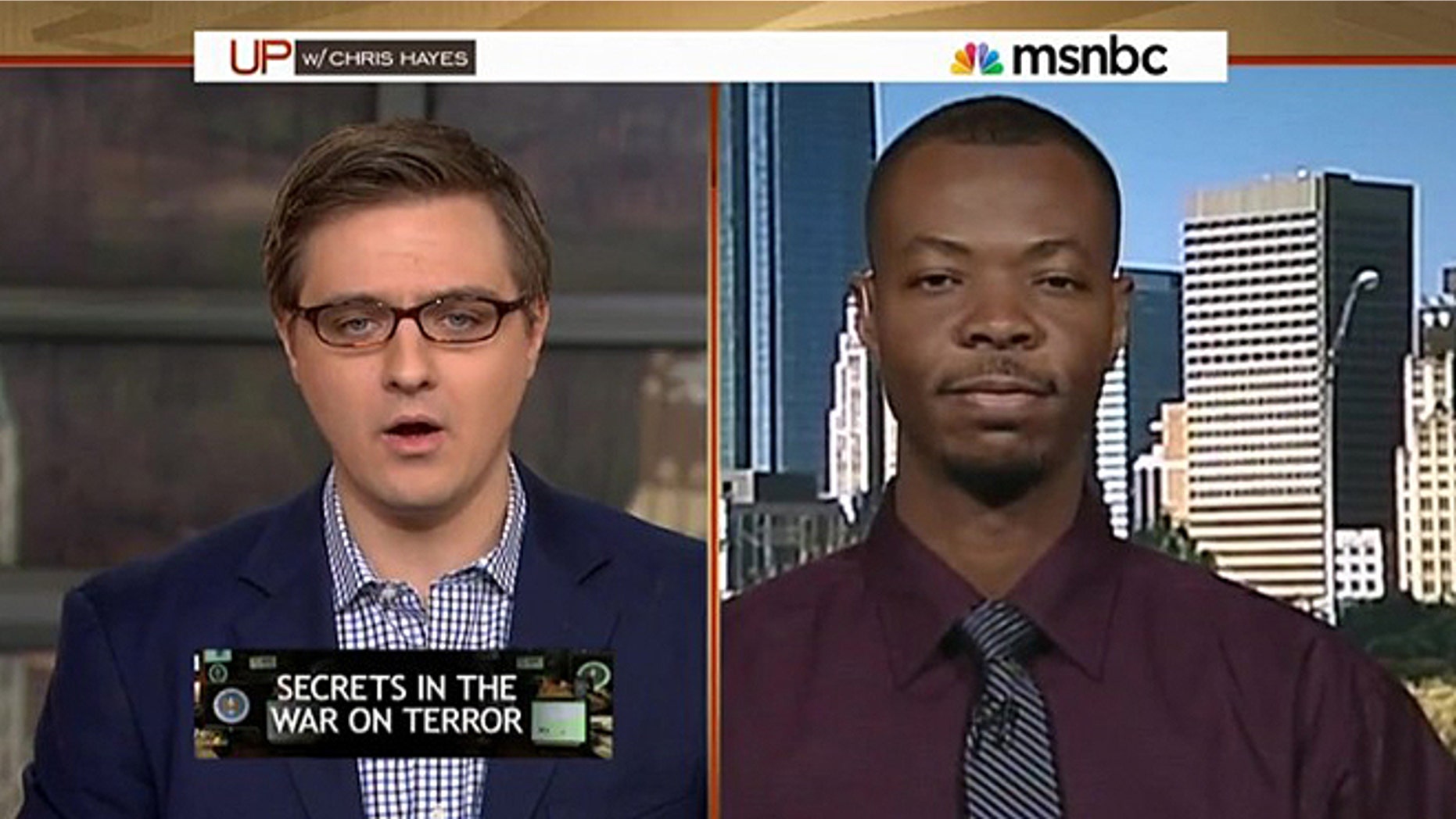 Saadiq Long being interviewed on Chris Hayes’ MSNBC show in which he recounted being place on the "no-fly" list back in 2013.