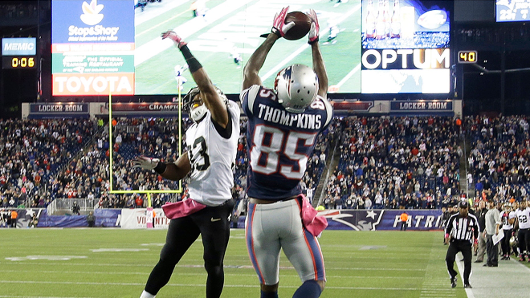 Oct.13, 2013: New England Patriots wide receiver Kenbrell Thompkins (85) catches the winning touchdown pass against New Orleans Saints cornerback Jabari Greer (33) in the fourth quarter in Foxborough, Mass. The Patriots won 30-27.