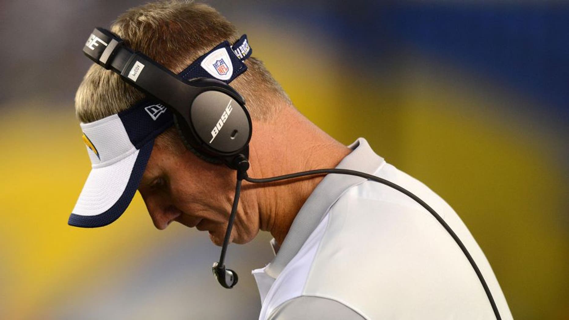 Aug 29, 2015; San Diego, CA, USA; San Diego Chargers head coach Mike McCoy looks on during the fourth quarter against the Seattle Seahawks at Qualcomm Stadium. Mandatory Credit: Jake Roth-USA TODAY Sports