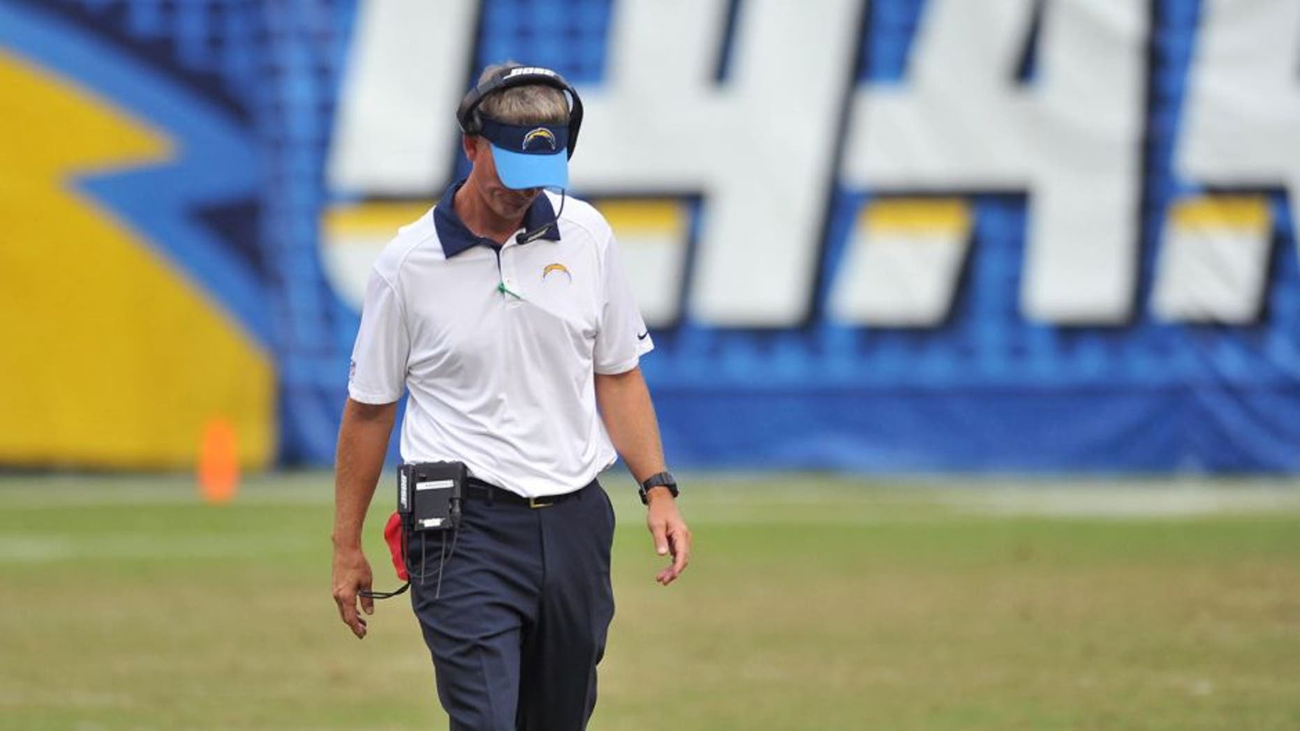 Oct 25, 2015; San Diego, CA, USA; San Diego Chargers head coach Mike McCoy reacts during a break in play during the second half of the game against the Oakland Raiders at Qualcomm Stadium. Oakland won 37-29. Mandatory Credit: Orlando Ramirez-USA TODAY Sports
