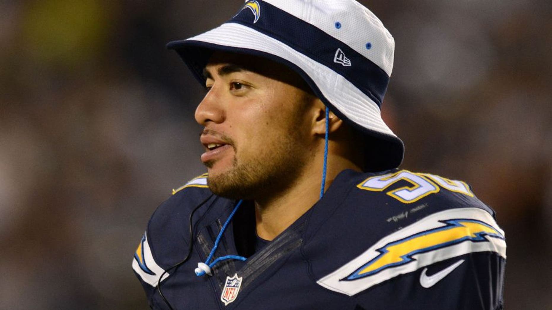 Aug 29, 2015; San Diego, CA, USA; San Diego Chargers inside linebacker Manti Te'o (50) looks on during the fourth quarter against the Seattle Seahawks at Qualcomm Stadium. Mandatory Credit: Jake Roth-USA TODAY Sports