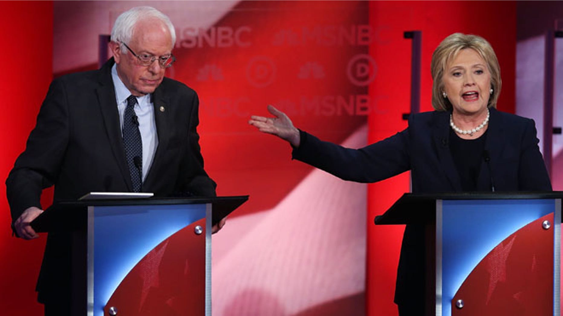 Democratic presidential candidates former Secretary of State Hillary Clinton and U.S. Sen. Bernie Sanders (I-VT) during their MSNBC Democratic Candidates Debate at the University of New Hampshire on February 4, 2016 in Durham, New Hampshire. This is the final debate for the Democratic candidates before the New Hampshire primaries. (Photo by Justin Sullivan/Getty Images)