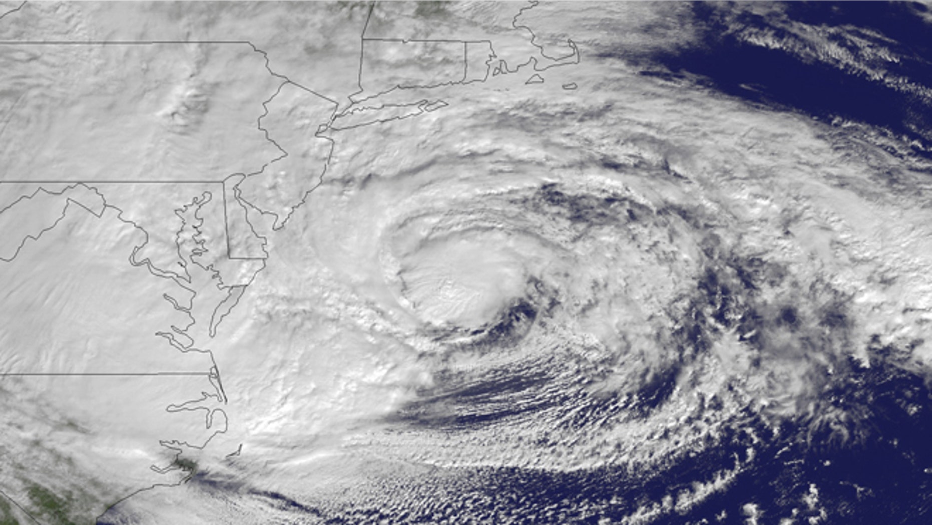 Satellite image from October 2012 of superstorm Sandy on the eastern seaboard. Many say the monster storm was a result of climate change while skeptics say that weather patterns give no real indication of changes in the climate.