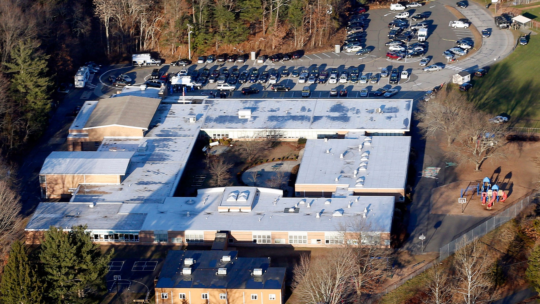 This Dec. 14, 2012 aerial file photo shows Sandy Hook Elementary School in Newtown, Conn. Newtown, Conn.
