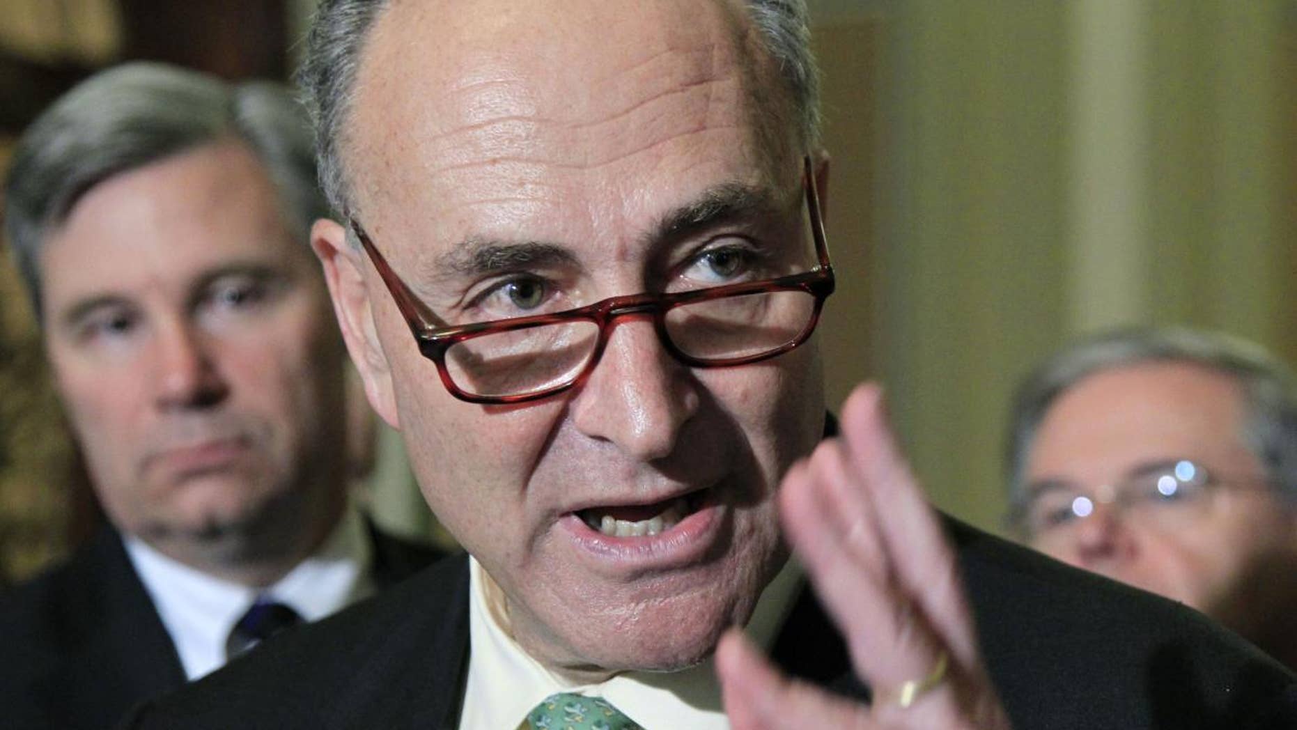 Sen. Sheldon Whitehouse, D-R.I. looks on at left as Sen. Charles Schumer, D-N.Y., speaks to reporters on Capitol Hill in Washington, Wednesday, June 29, 2011. (AP Photo/Manuel Balce Ceneta)