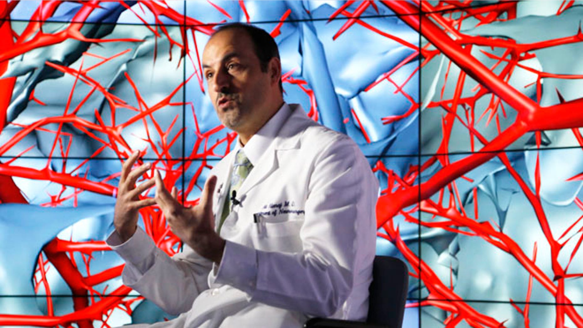 Jan. 24, 2013: Brain surgeon Ali Alaraj talks about the first time he viewed the brain using the CAVE2 -- a system of 72 stereoscopic LCD panels seen behind him. An $85-billion across-the-board slash to funding may affect such advanced scientific research.
