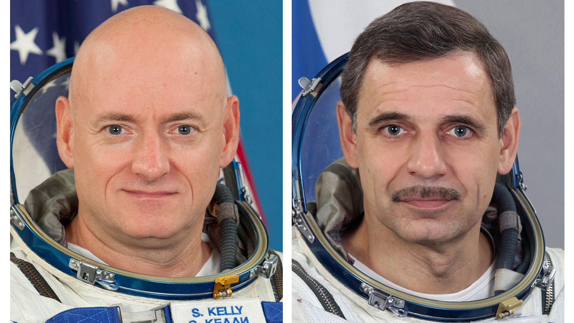 FILE - This combination of photos provided by the Gagarin Cosmonaut Training Center via NASA, shows NASA astronaut Scott Kelly, left, and Russian cosmonaut Mikhail Kornienko.