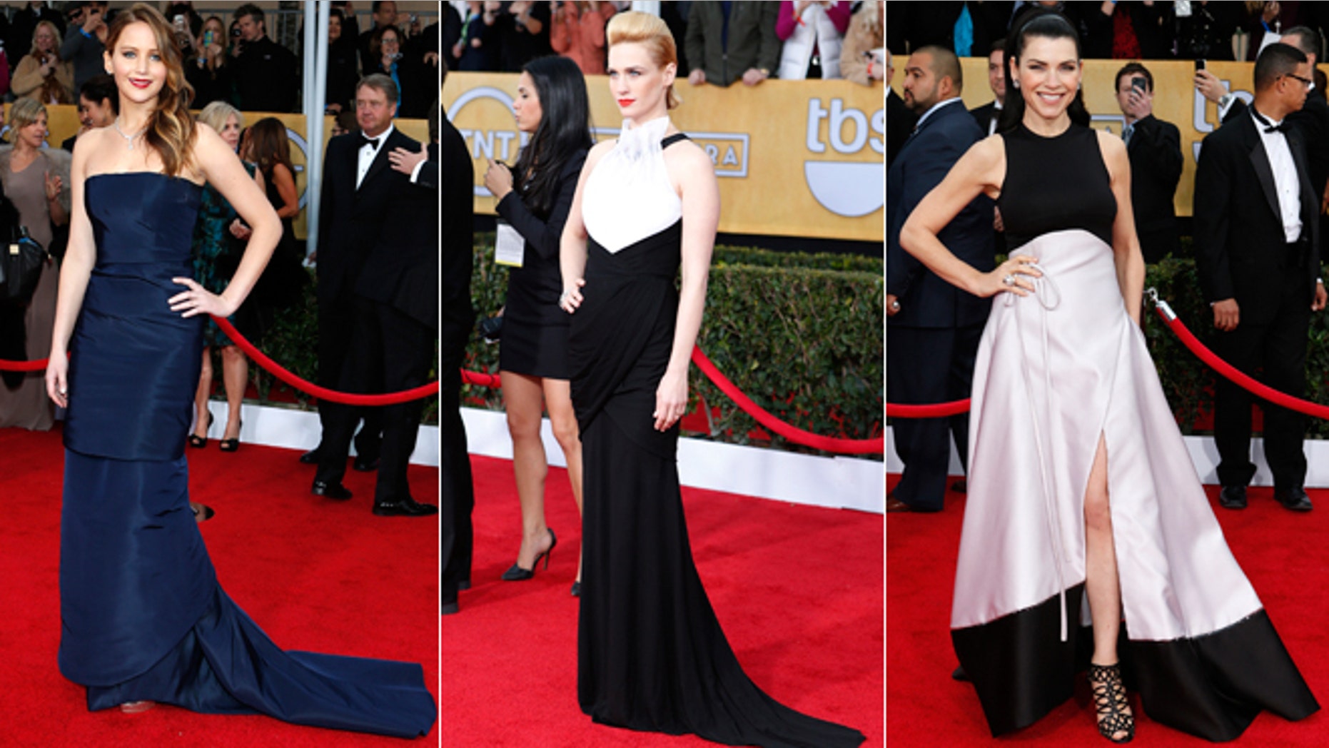 Jennifer Lawrence, left, January Jones, center, and Julianna Margulies attend the Screen Actors Guild Awards.