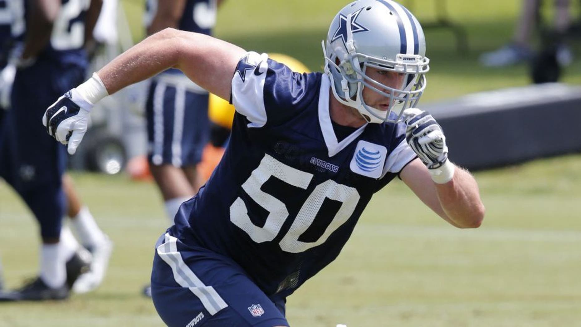 May 27, 2015; Dallas, TX, USA; Dallas Cowboys linebacker Sean Lee (50) runs through a drill during OTAs at Dallas Cowboys Headquarters. Mandatory Credit: Matthew Emmons-USA TODAY Sports
