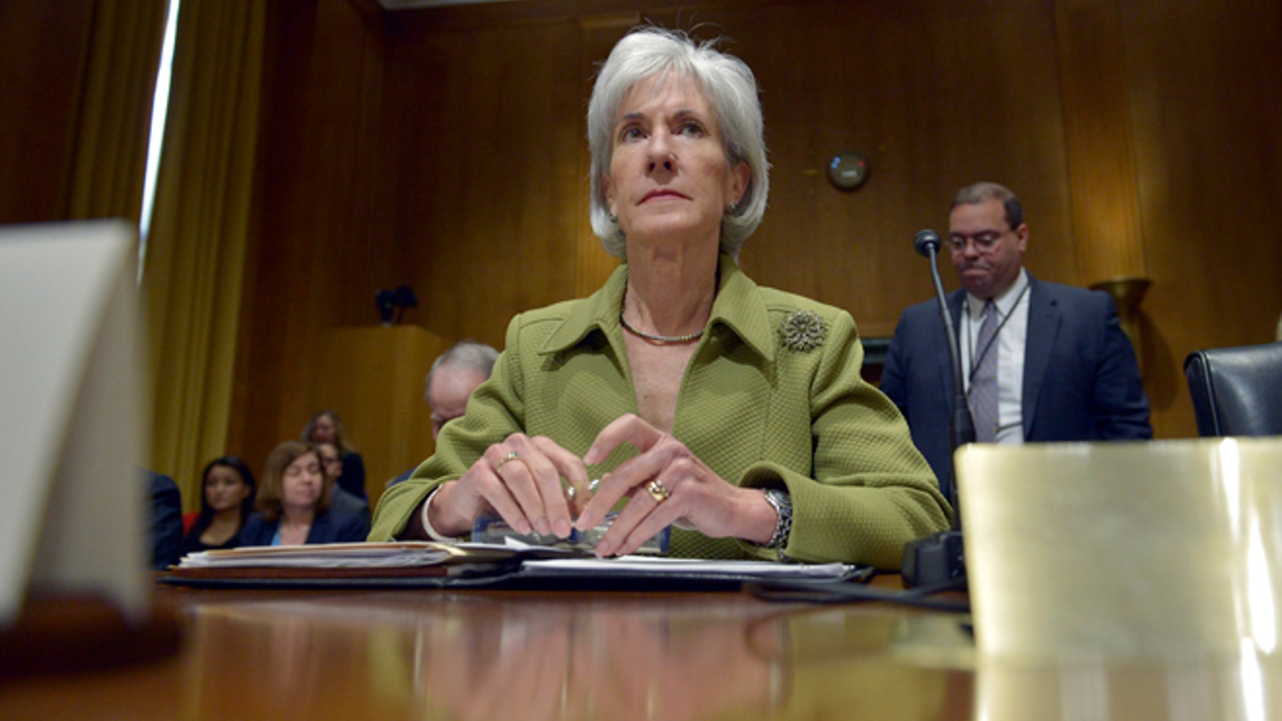Kathleen Sebelius on Capitol Hill Thursday, April 10, 2014, during a Senate Finance Committee hearing.