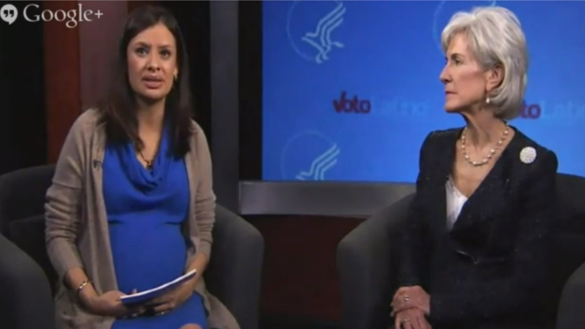 Health and Human Services head Kathleen Sebelius, right, with Voto Latino President and CEO, María Teresa Kumar, during their Thursday afternoon Google Hangout.