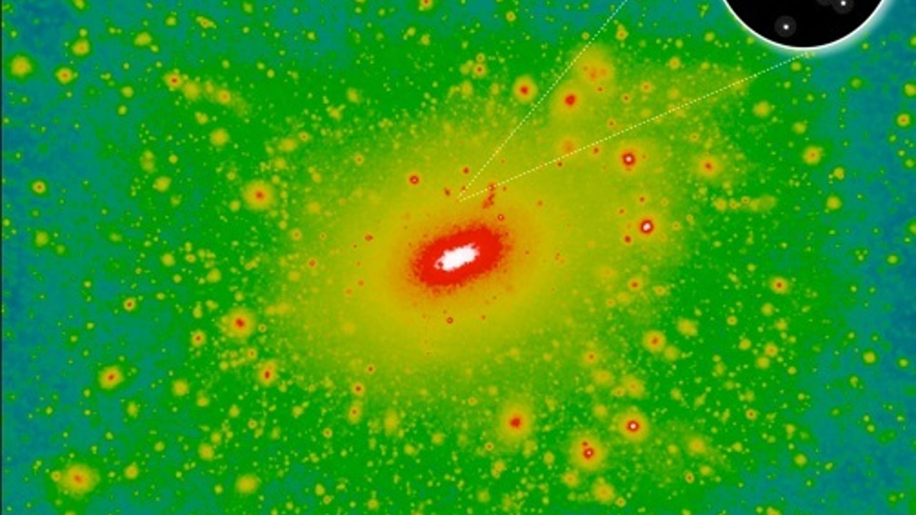 This image shows a standard prediction for the dark matter distribution within about 1 million light years of the Milky Way galaxy, which is expected to be swarming with thousands of small dark matter clumps called halos. Observations of the ul