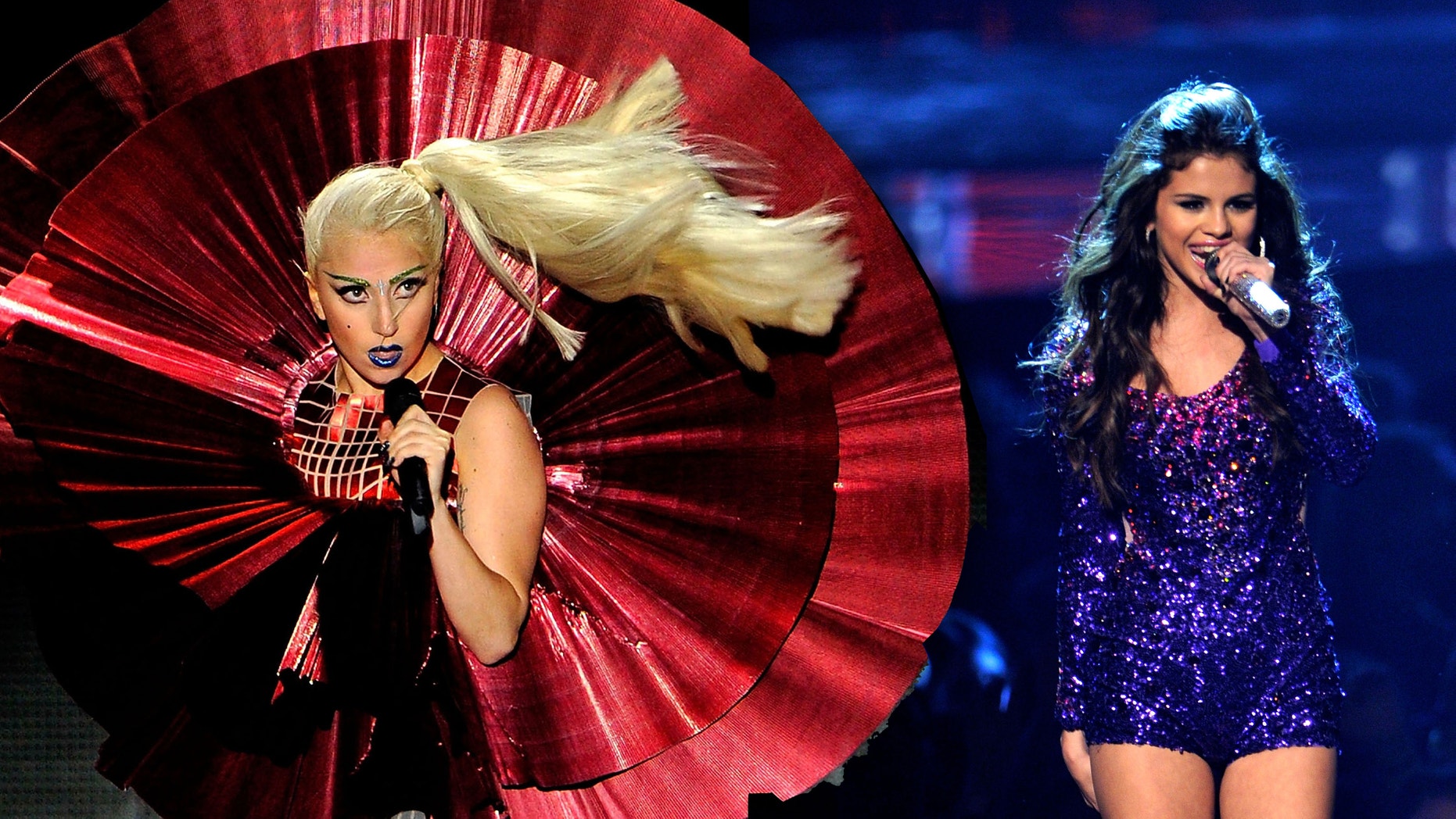 Nov. 6, 2011: Singer Lady Gaga and Selena Gomez perform onstage during the MTV Europe Music Awards 2011 live show at at the Odyssey Arena in Belfast, Northern Ireland.