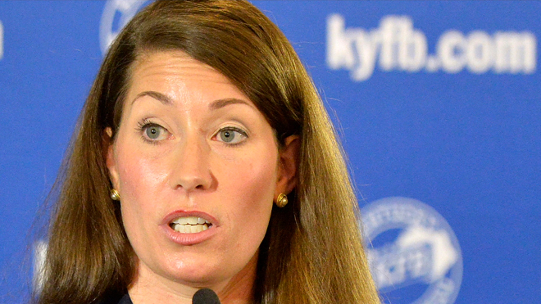 In this Aug. 20, 2014 file photo, Kentucky Democratic Senate candidate Alison Lundergan Grimes speaks in Louisville, Ky.