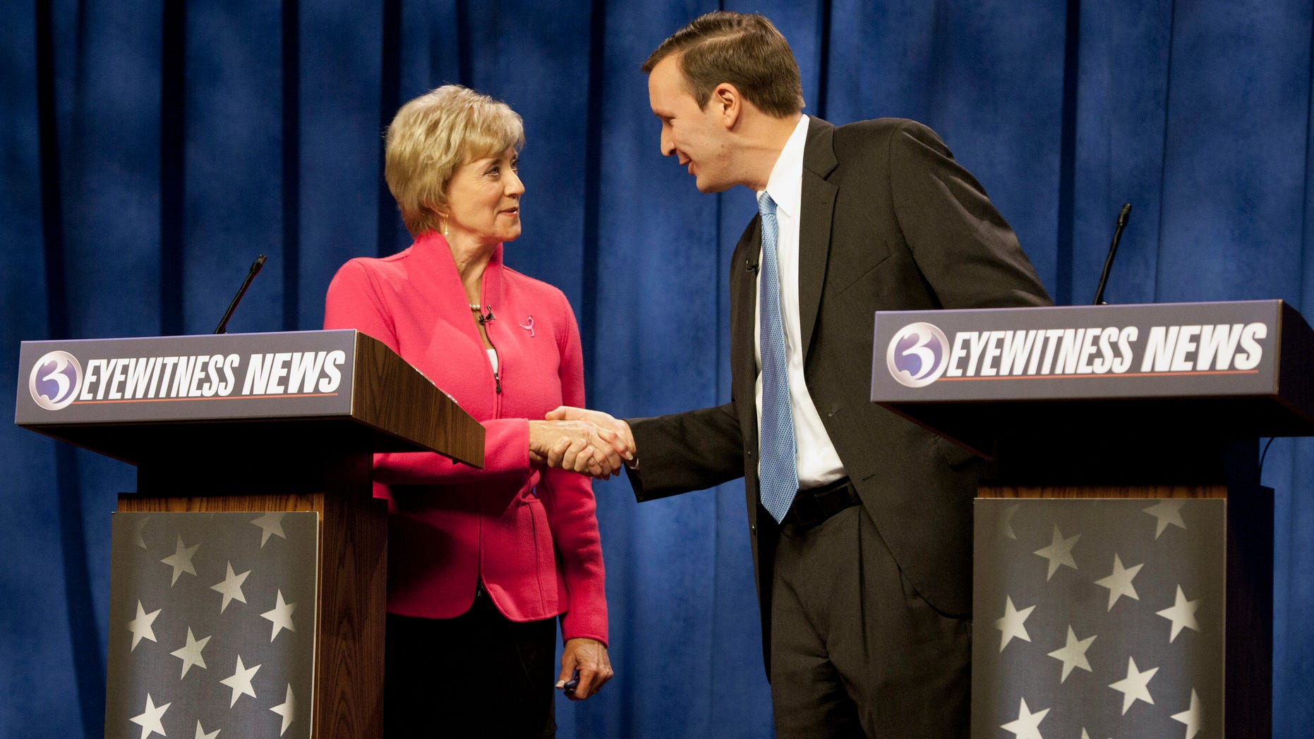 FILE: Oct. 7, 2012: U.S. Senate candidates for Connecticut, Republican Linda McMahon and Democratic Rep. Chris Murphy, D-Conn., after a debate in Rocky Hill, Conn.