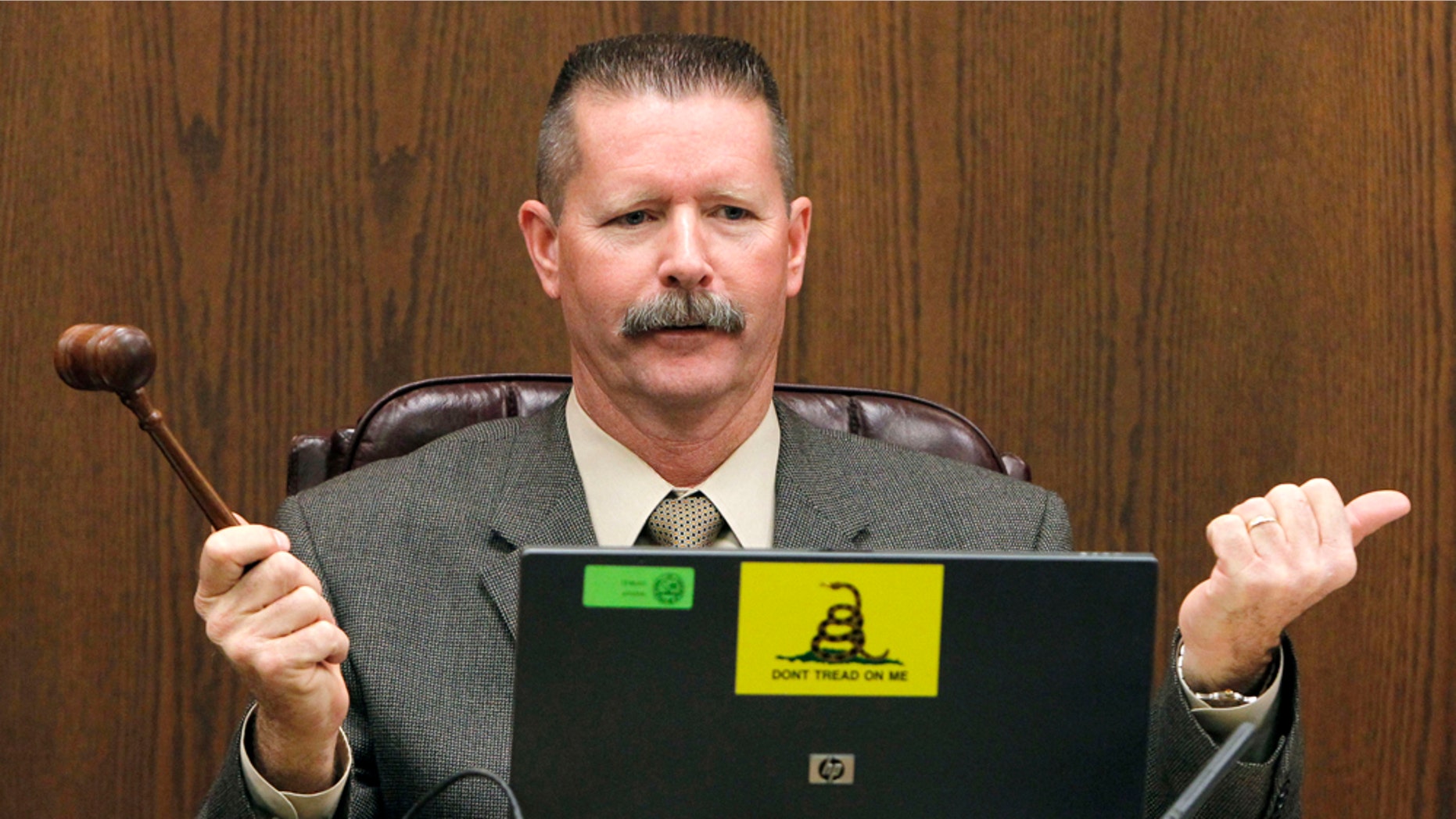Sen. Ron Gould, R-Lake Havasu City, and chairman judiciary committee, calls to order a hearing as Arizona lawmakers give their first hearing to a bill that challenges automatic U.S. citizenship for children of illegal immigrants, the state's latest foray into the national debate over illegal immigration at the Arizona Capitol, Monday, Feb. 7, 2011, in Phoenix. The bill, sponsored by Gould in the Senate, to be heard by the Senate judiciary committee seeks a court interpretation on an element of the 14th Amendment, which guarantees citizenship to people born in the U.S. who are "subject to the jurisdiction" of this country. (AP Photo/Ross D. Franklin)