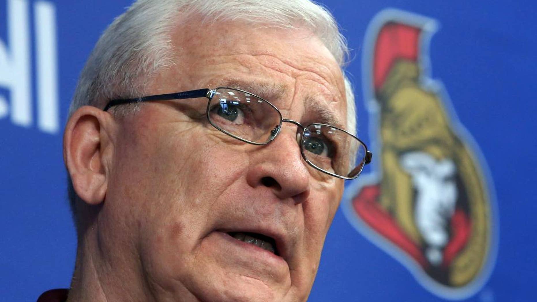 This May 28, 2013, photo shows Ottawa Senators general manager and president of hockey operations Bryan Murray during a news conference in Ottawa. Murray has been diagnosed with cancer. The team confirmed the diagnosis Monday, July 7, 2014, in a statement on its website. (AP Photo/The Canadian Press, Fred Chartrand)