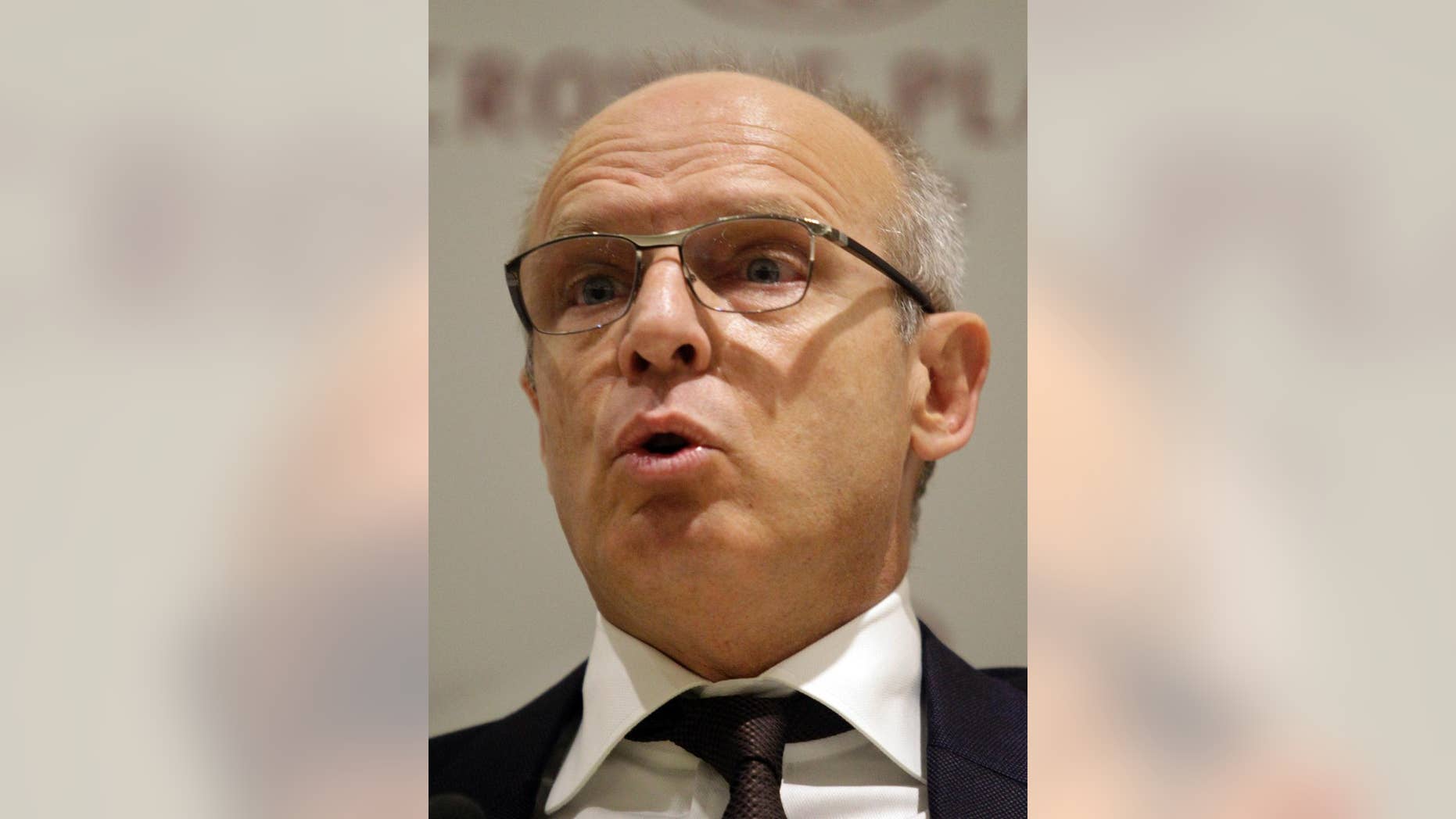 In this Friday, Aug. 8, 2014 photograph, Milan Beko, a Serbian tycoon and former government minister speaks at a press conference in Belgrade, Serbia. Serbian state television said Friday, Nov. 14, 2014 that Beko has been shot and wounded in Belgrade, the capital. (AP Photo Andrej Cukic)