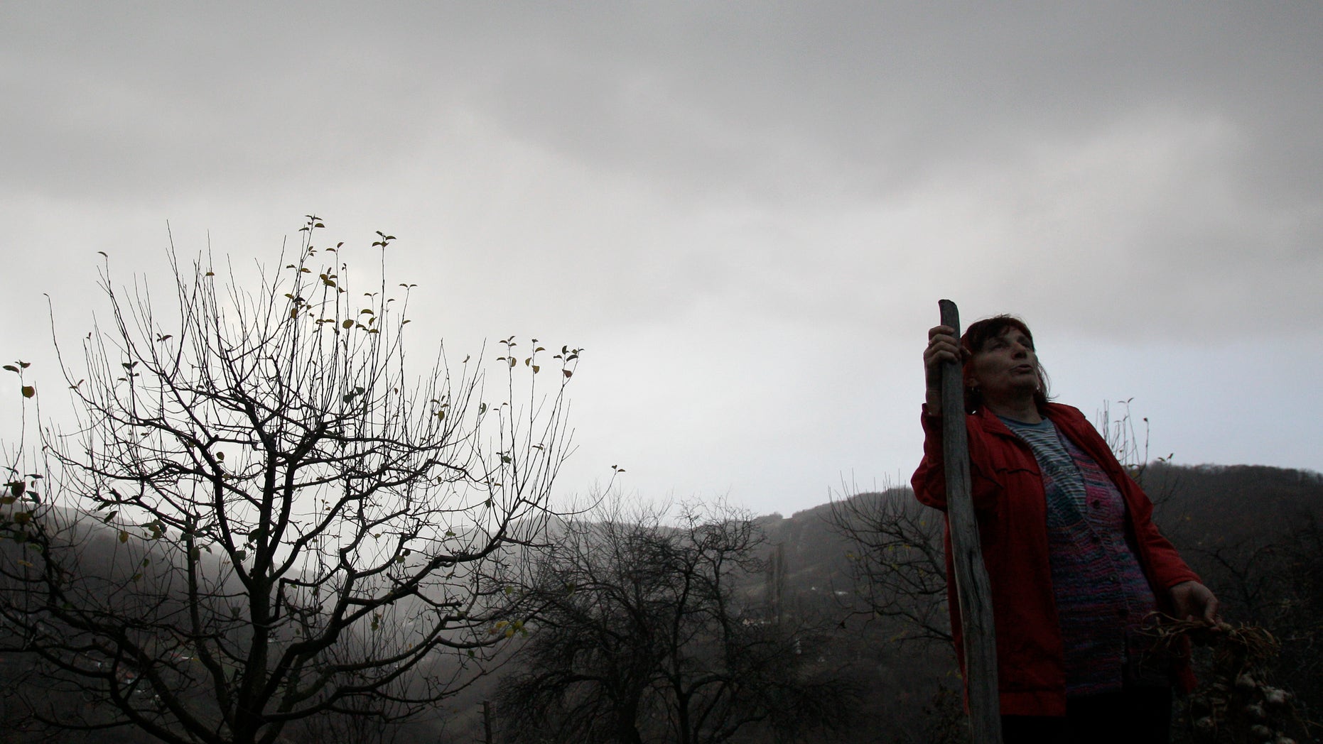 Nov. 30, 2012: In this photo Milka Prokic is seen at twilight with a garland of garlic and a wooden stake, in the village of Zarozje, near the Serbian town of Bajina Basta.