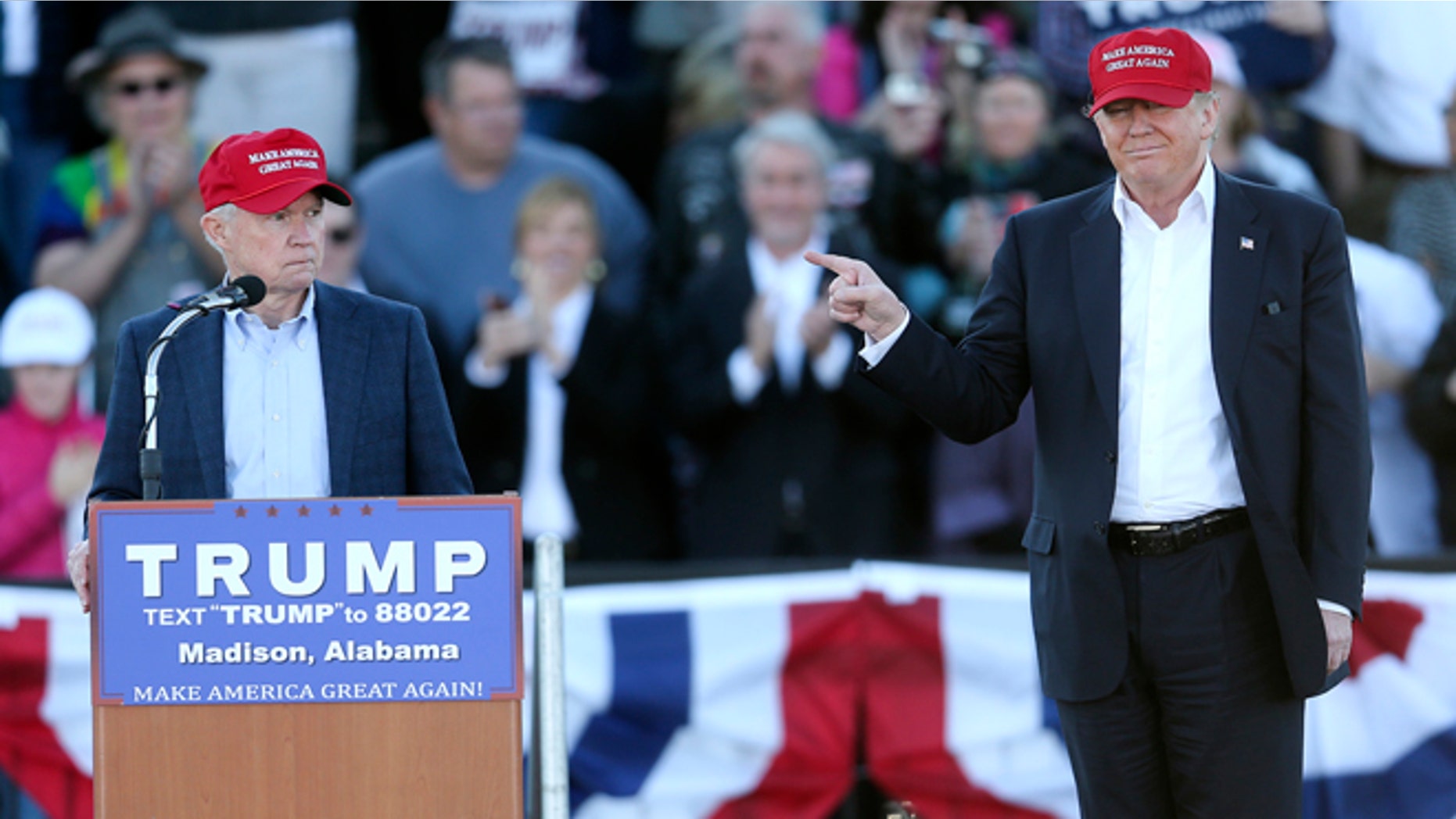 Donald Trump and Sen. Jeff Sessions during a rally Sunday, Feb. 28, 2016, in Madison, Ala.