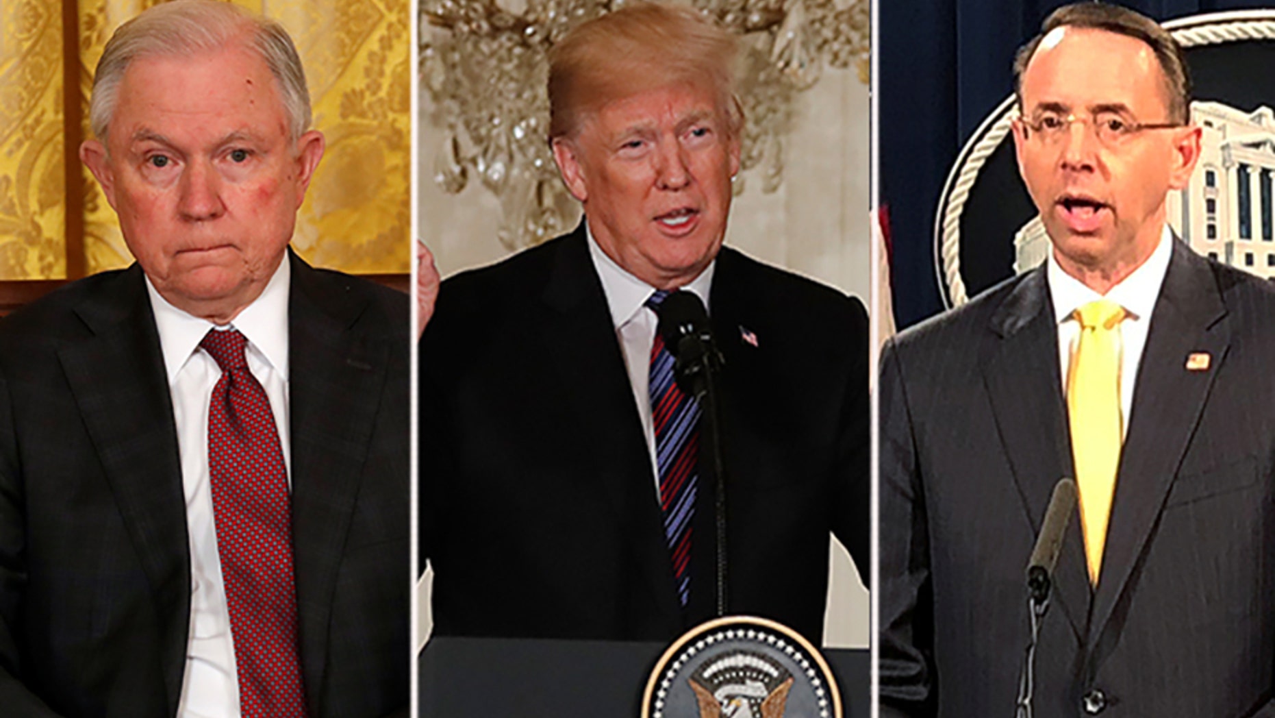 President Trump criticized the Justice Department, noting that he wouldn't stay away forever. Trump, center, has blasted Attorney General Jeff Sessions, left, for recusing himself from the Russia investigation, and reportedly wants to remove Deputy Attorney General Rod Rosenstein, right.