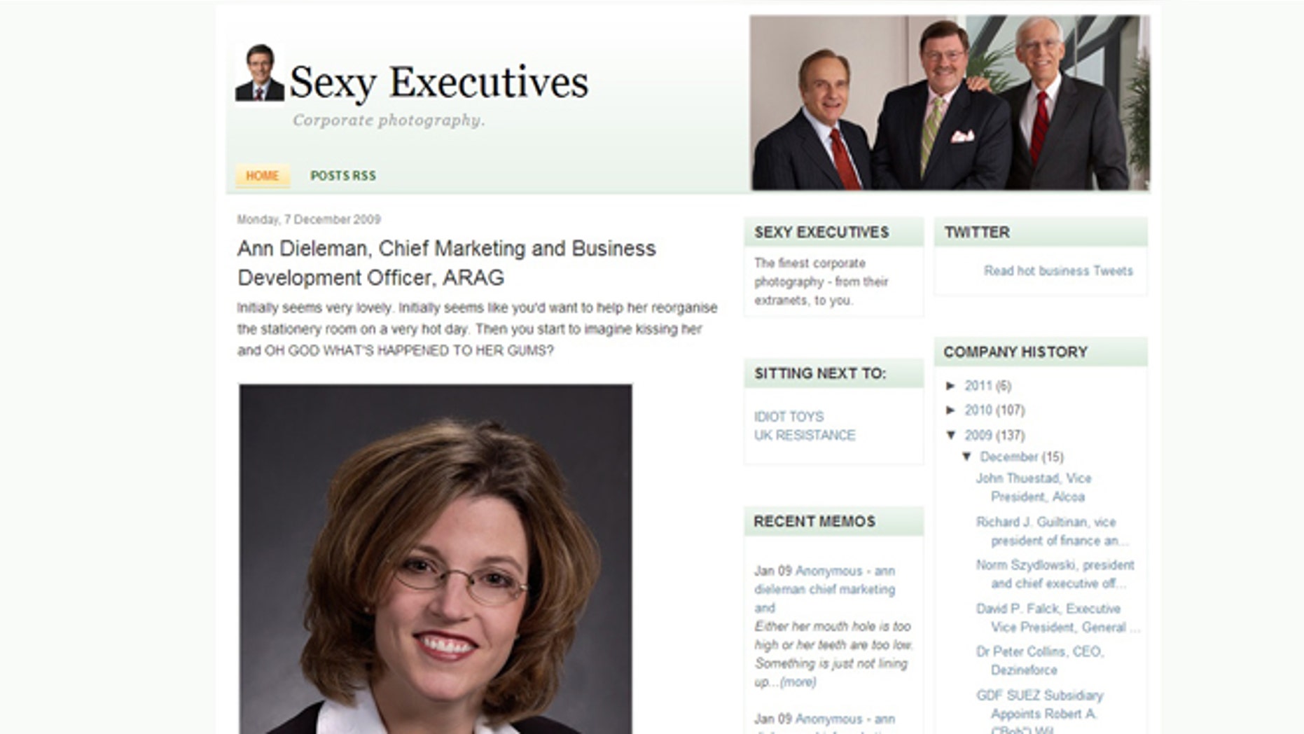 A screenshot of the "sexy executives" website, which is being sued for copyright infringement. The case highlights the growing online problem of blogs using unlicensed photographs.
